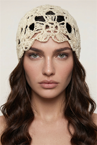 Krem Örgü Çiçek Bere&Şapka