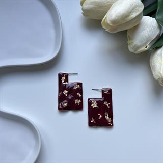 Yaldızlı Bordo Dikdörtgen Küpe