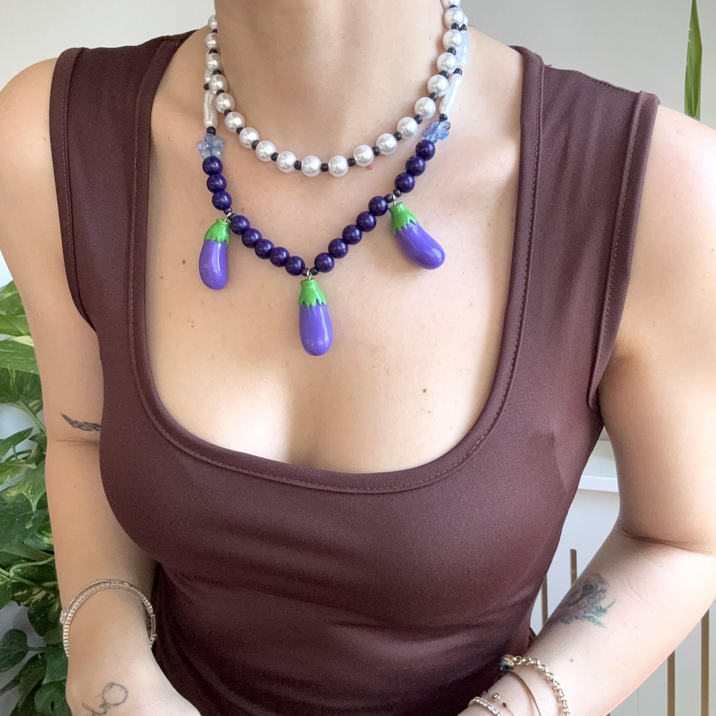 2li İncili Boncuklu Patlıcan Kolye