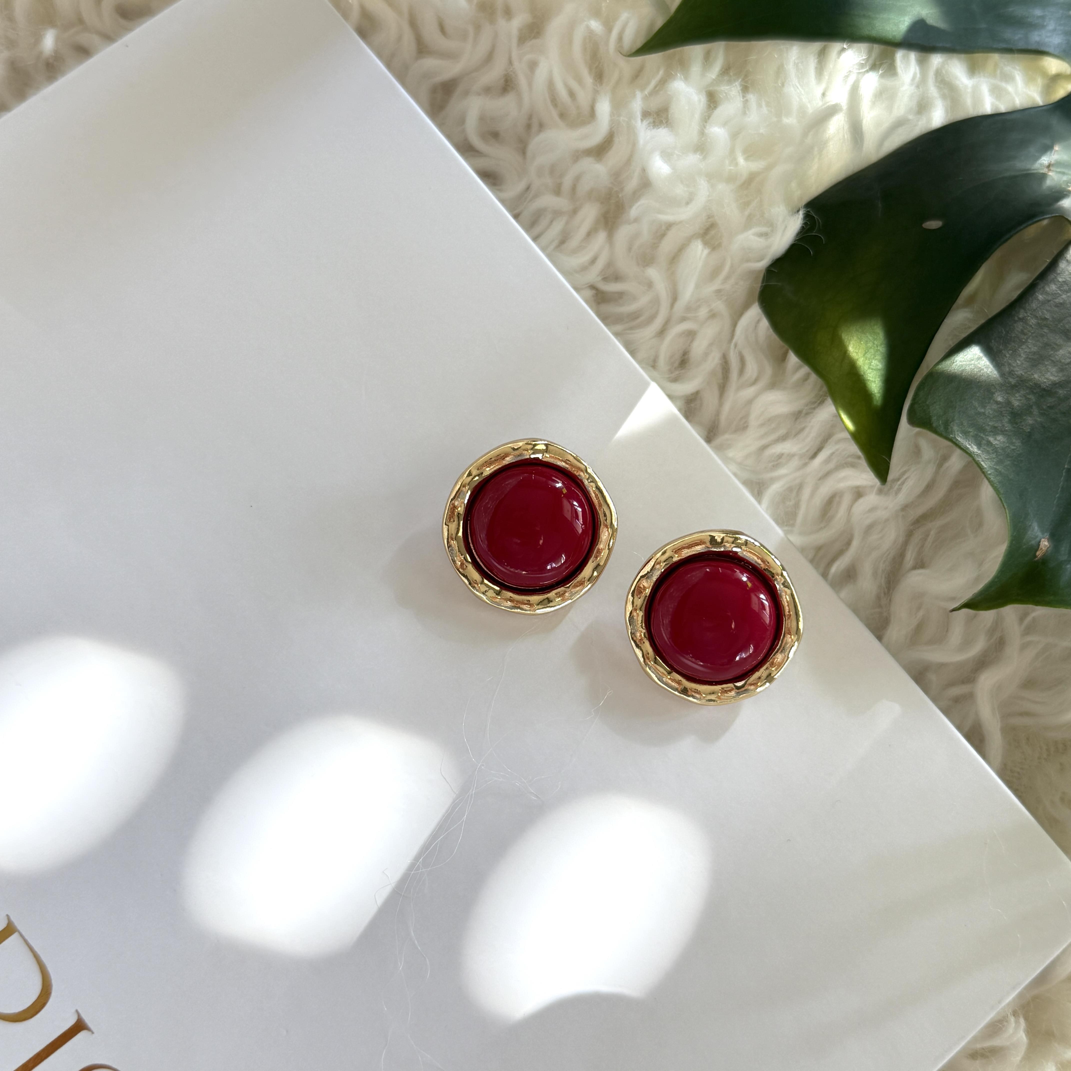 Bordo Mineli Yuvarlak Küpe