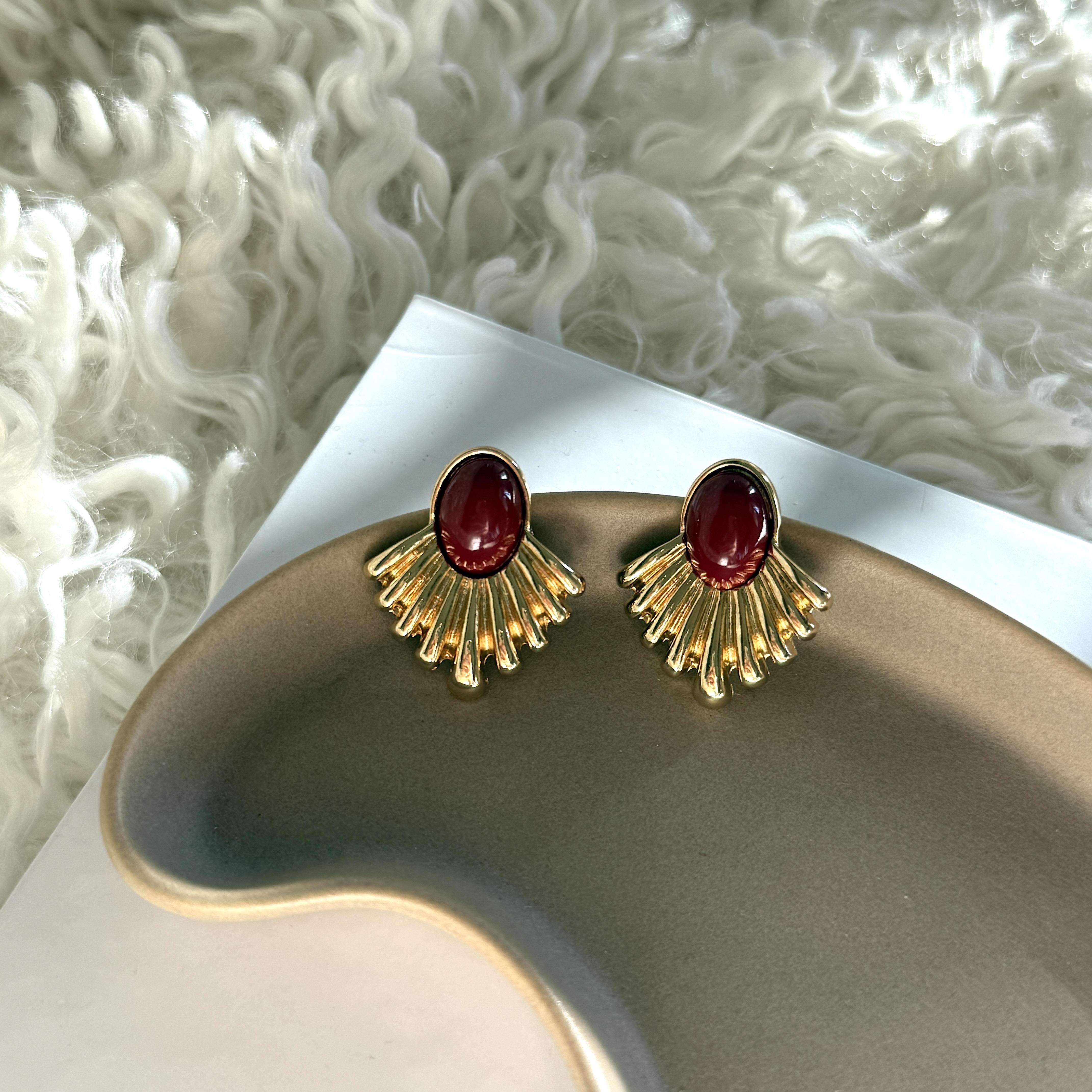 Bordo Oval Mineli Vintage Küpe