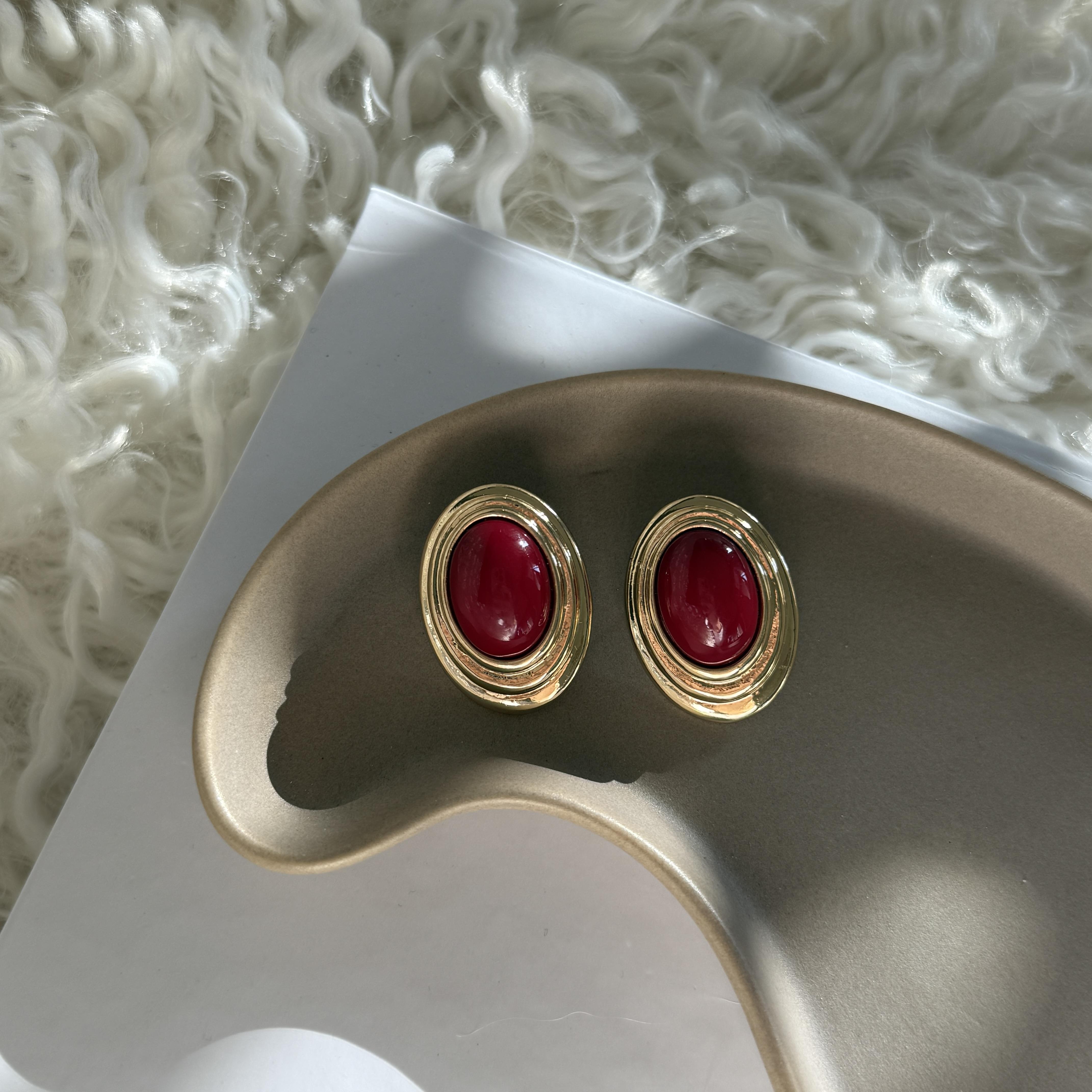 Bordo Oval Vintage Küpe