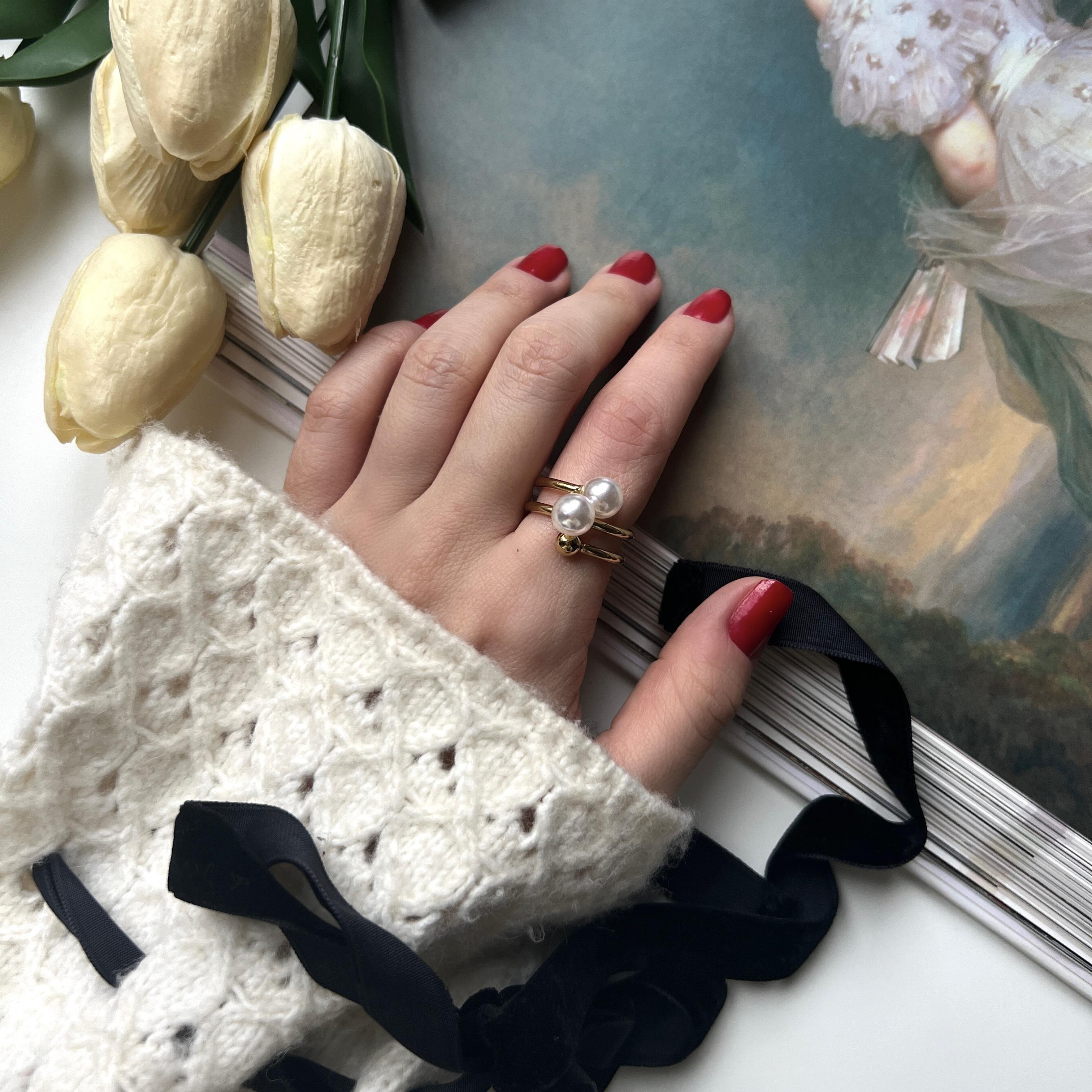 Çelik 2 İncili Gold Yüzük