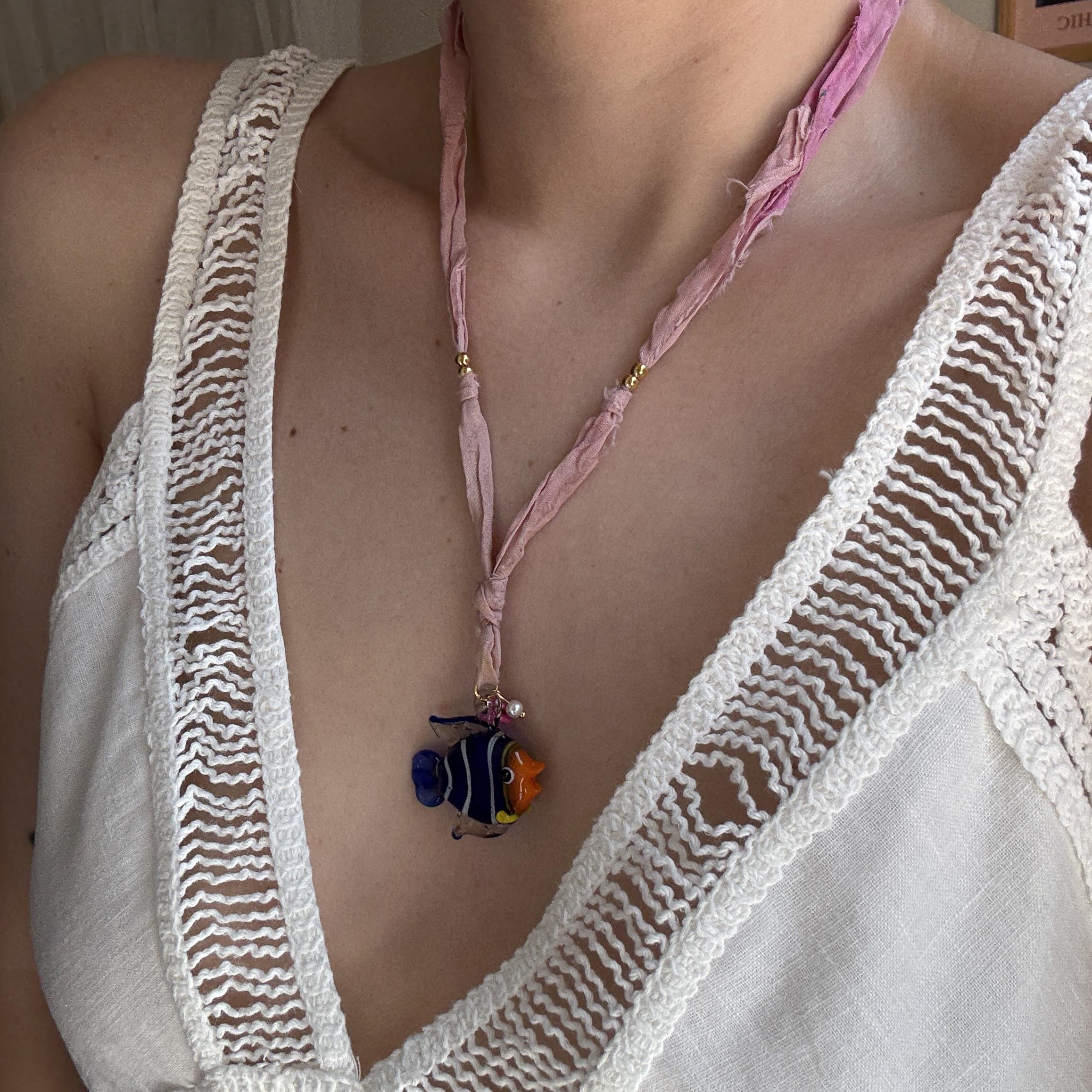 Çelik Cam Murano Balık Kolye