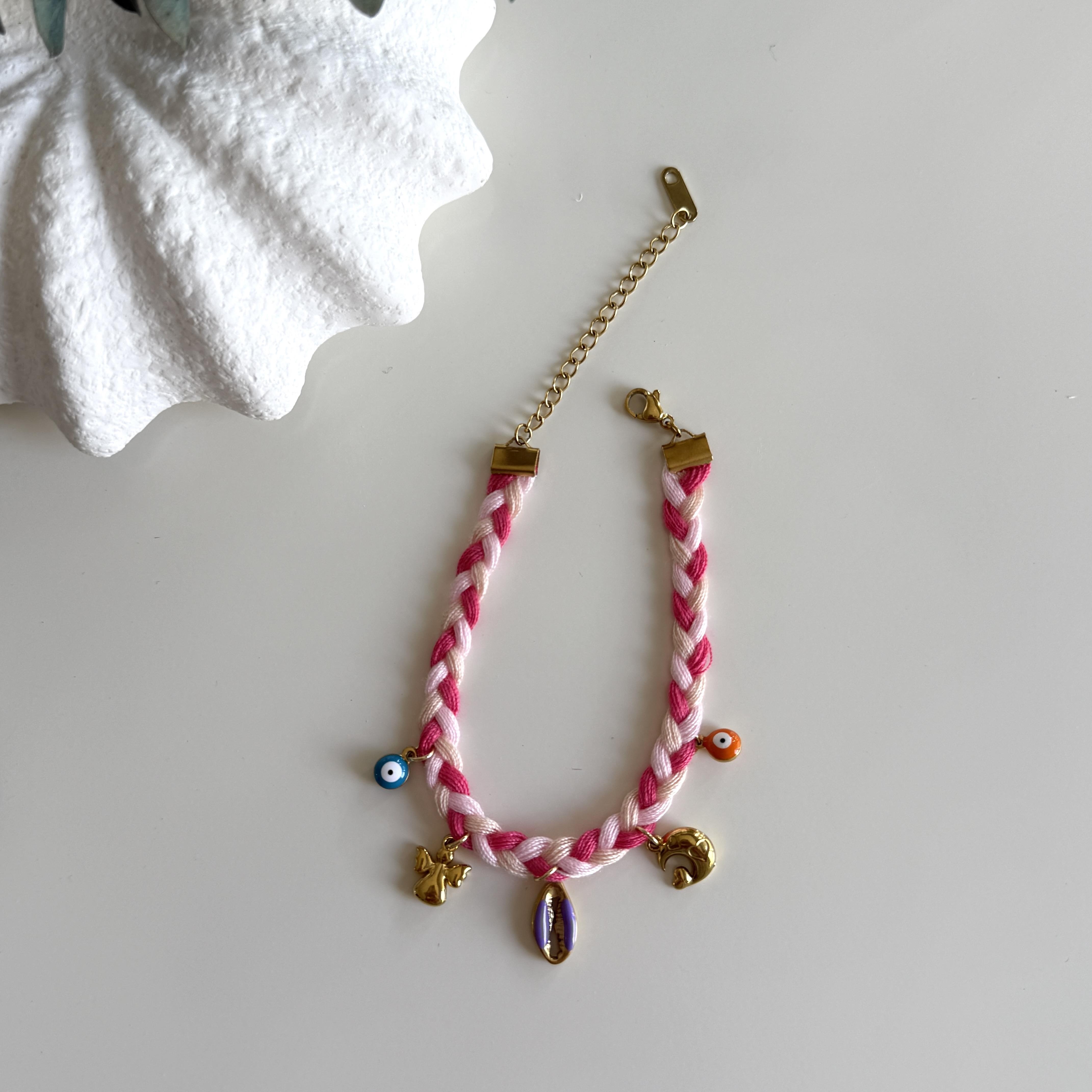 Çelik Charmlı Pembe Örgü Bileklik