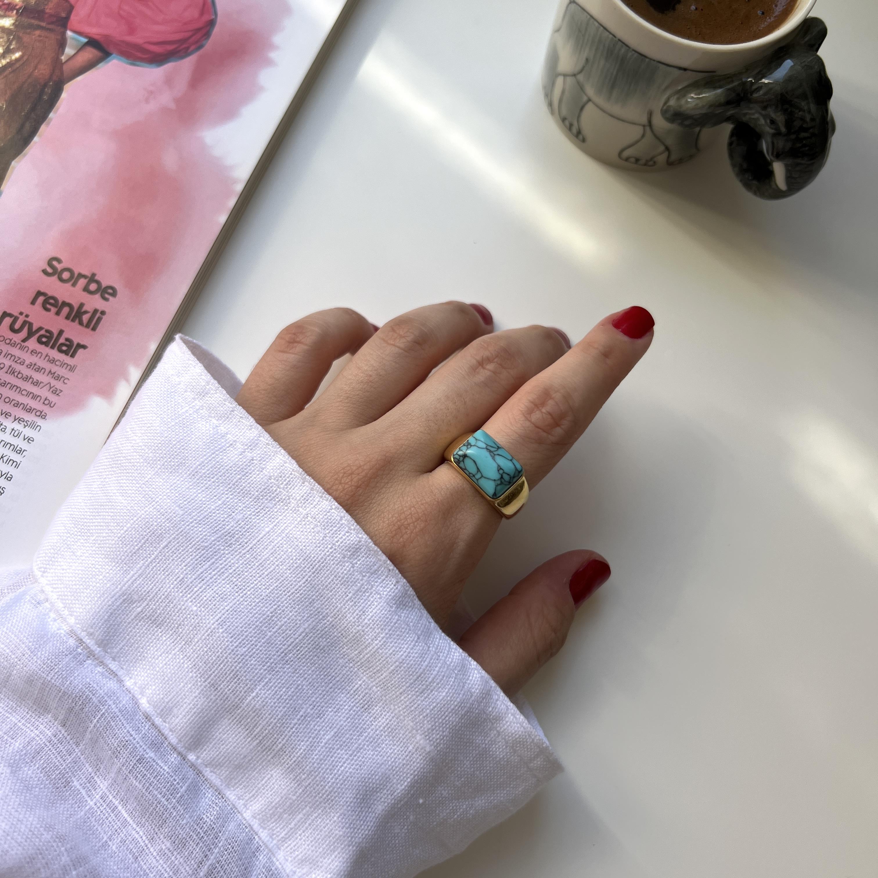 Çelik Dikdörtgen Firuze Yüzük