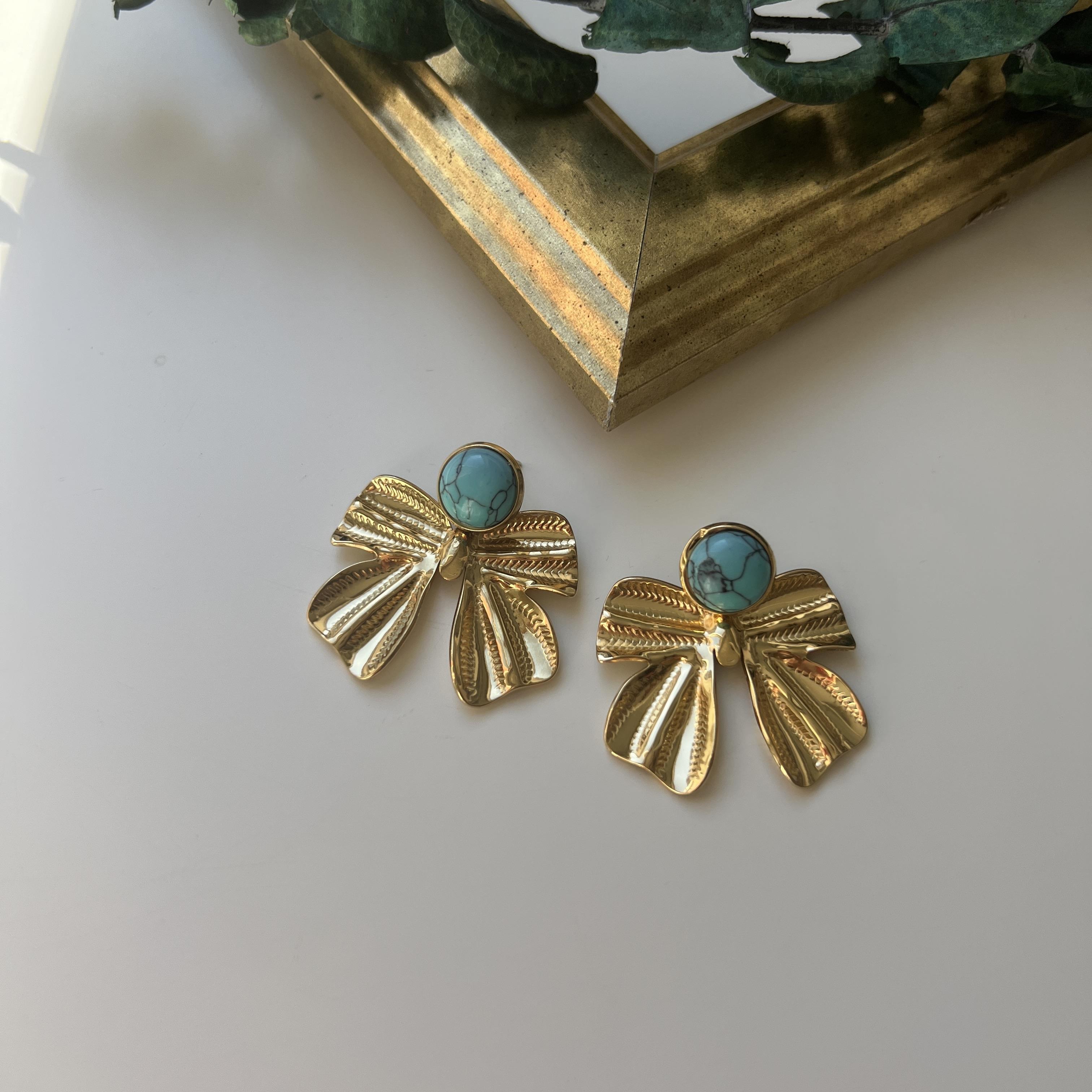 Çelik Firuze Taşlı Fiyonk Küpe