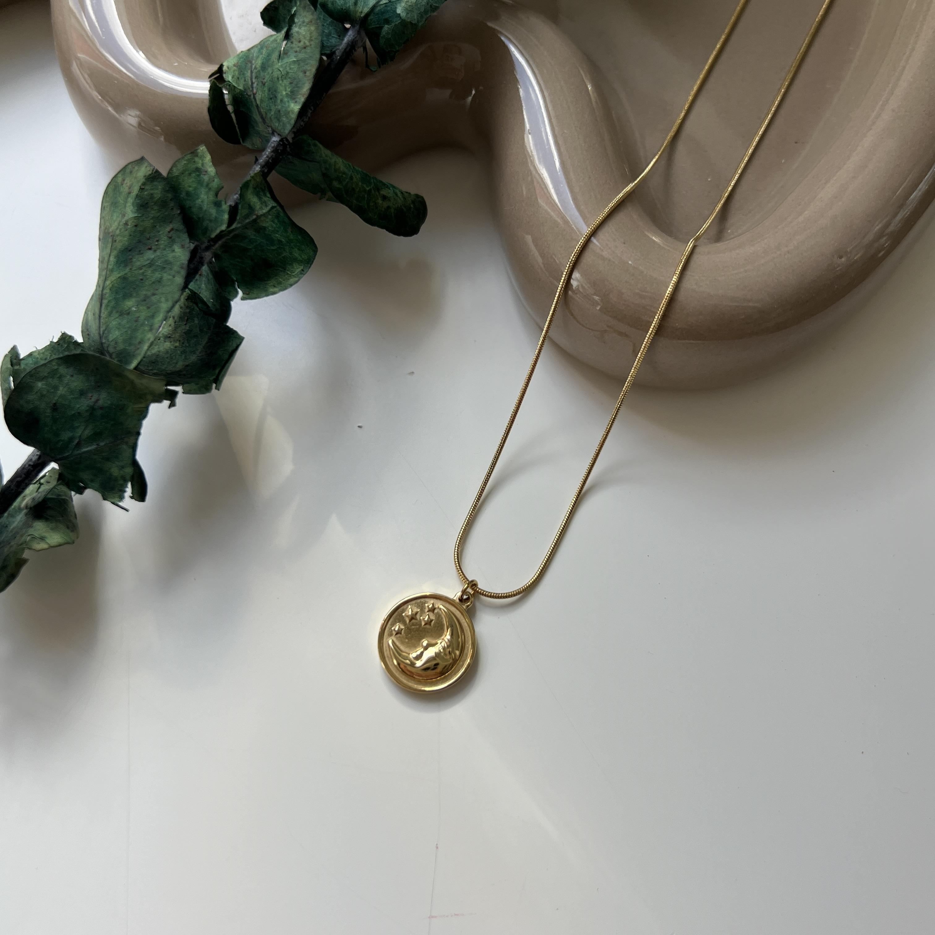 Çelik Gold Yuvarlak Ay Kolye