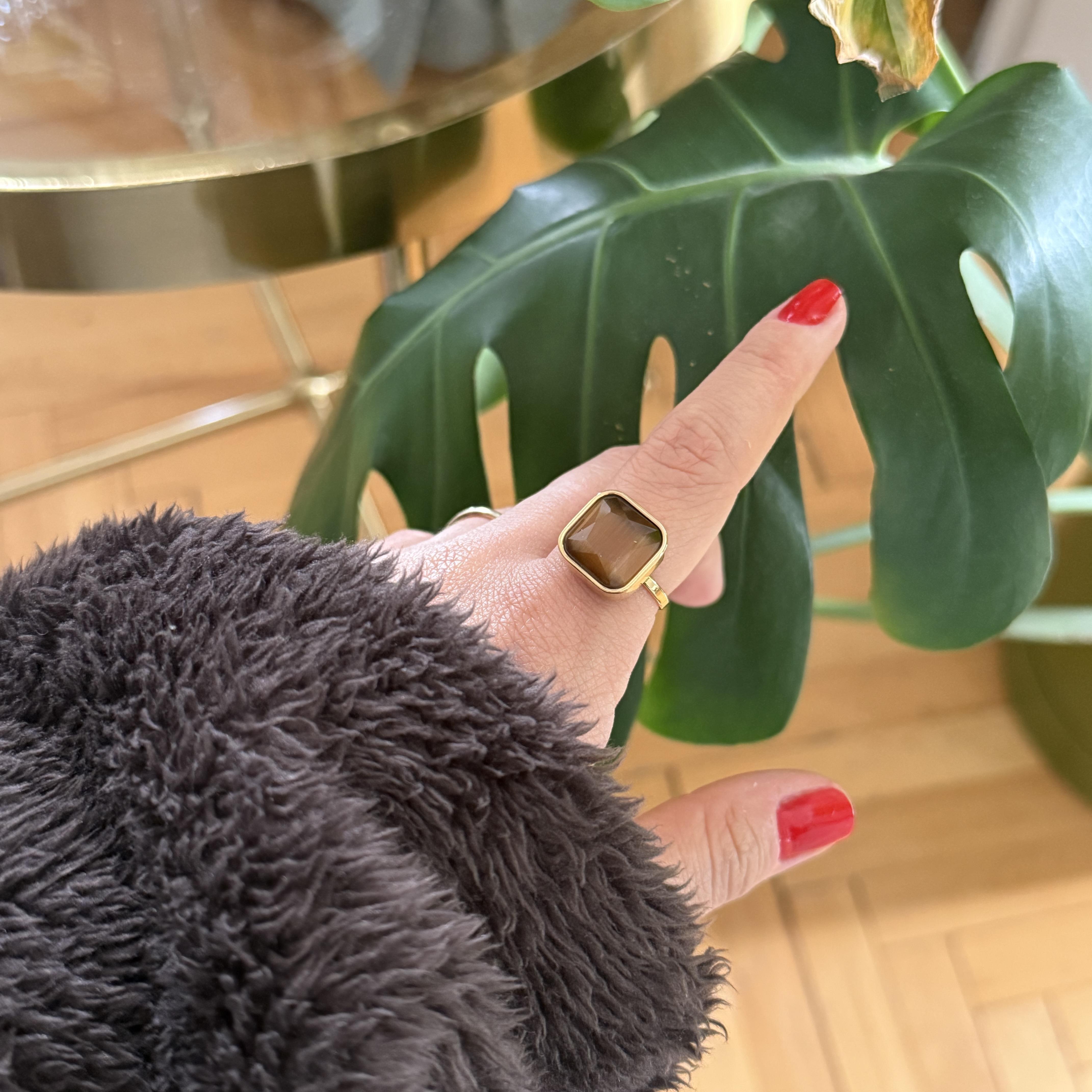 Çelik Kahve Taşlı Yüzük