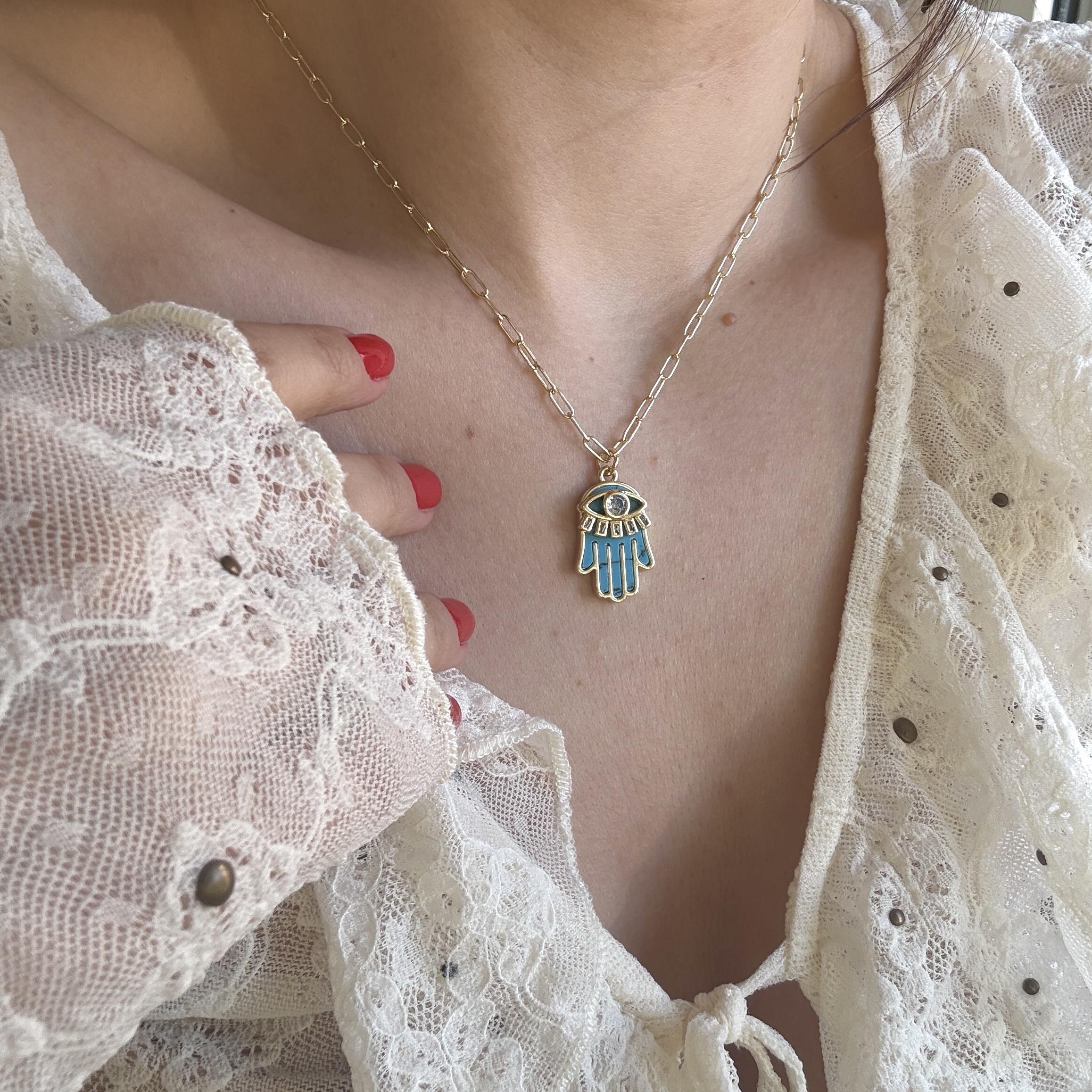 Çelik Mavi Mineli Hamsa Kolye