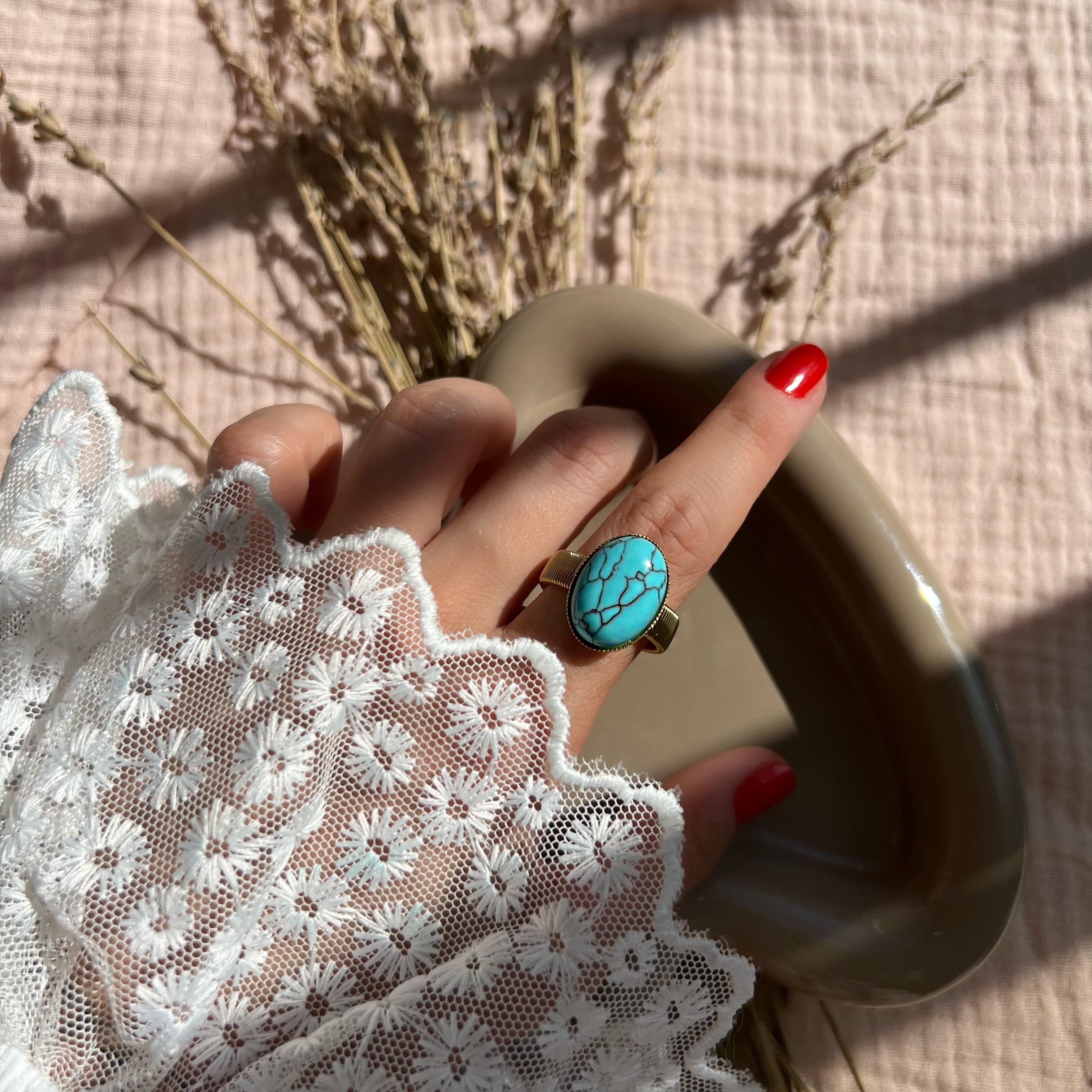 Çelik Oval Damarlı Firuze Yüzük