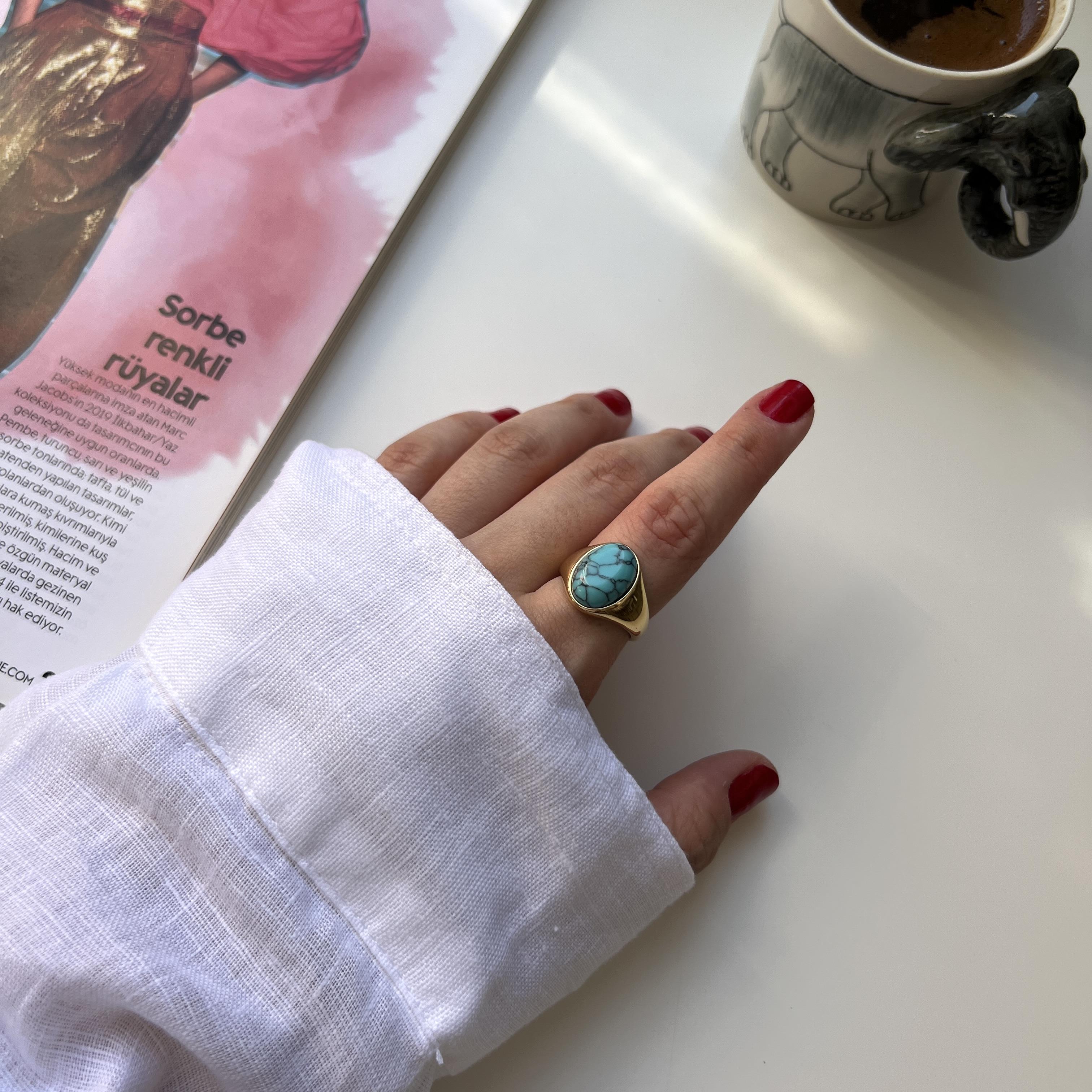 Çelik Oval Firuze Yüzük