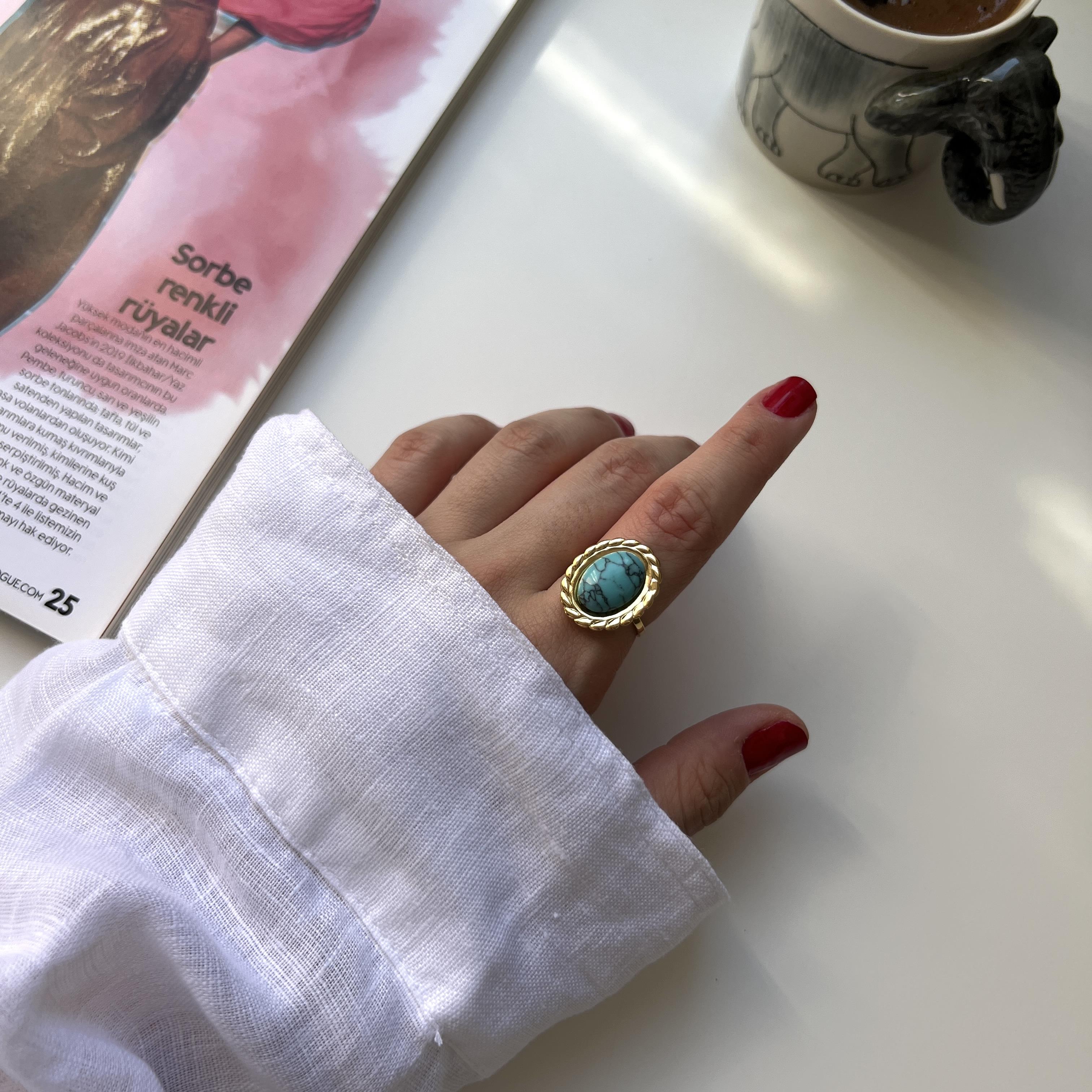 Çelik Oval Firuze Yüzük