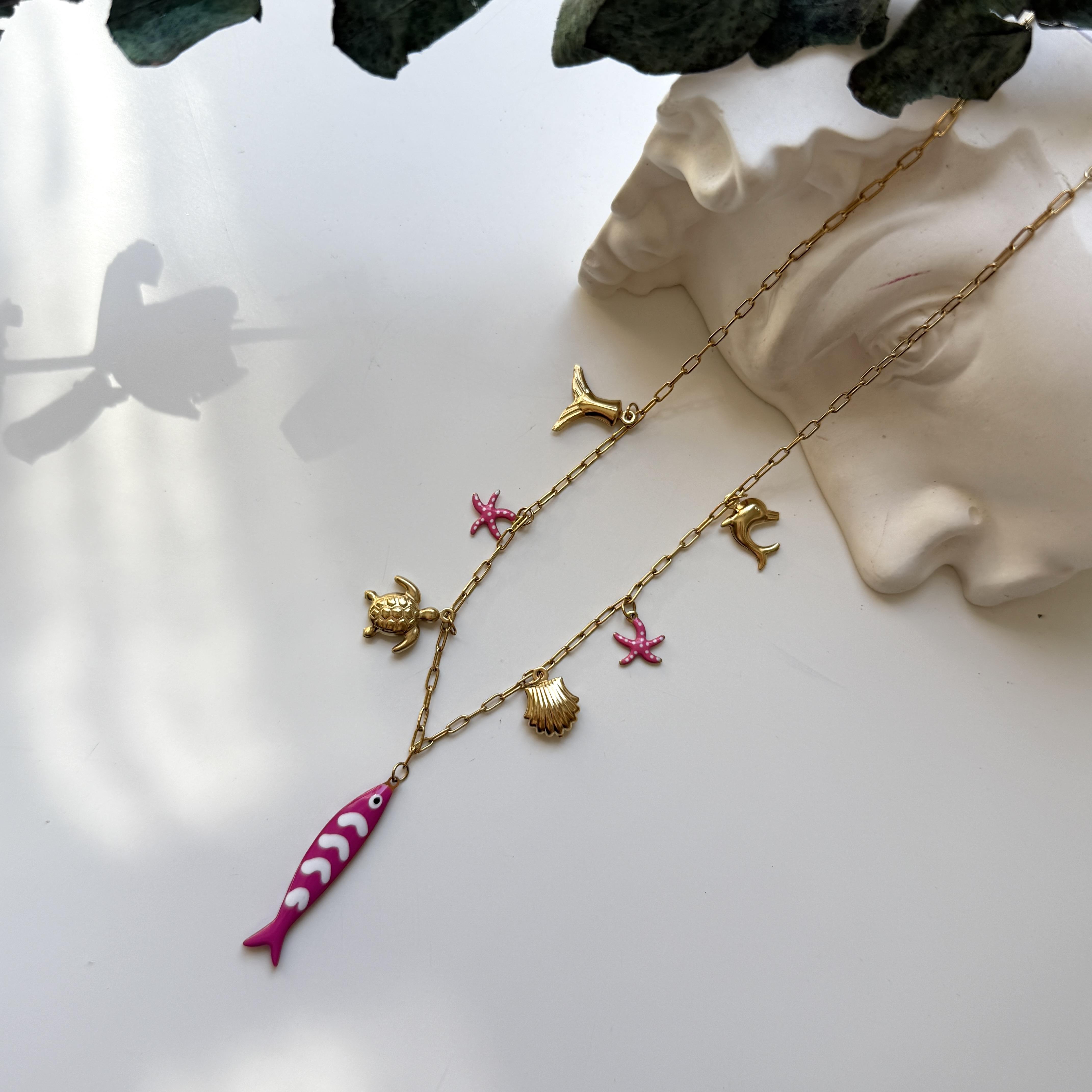 Çelik Pembe Balık Charmlı Kolye