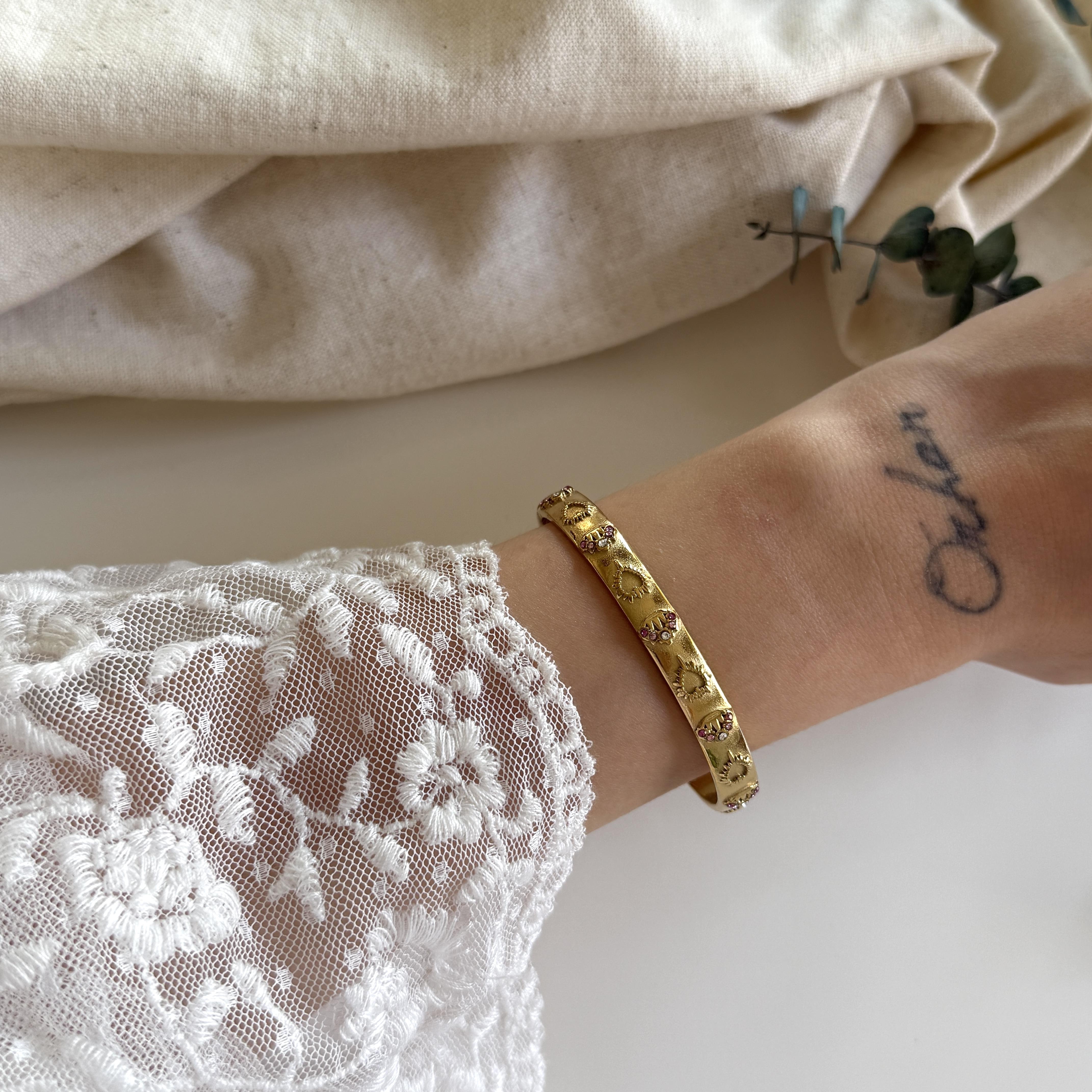 Çelik Pembe Taşlı Vintage Bilezik