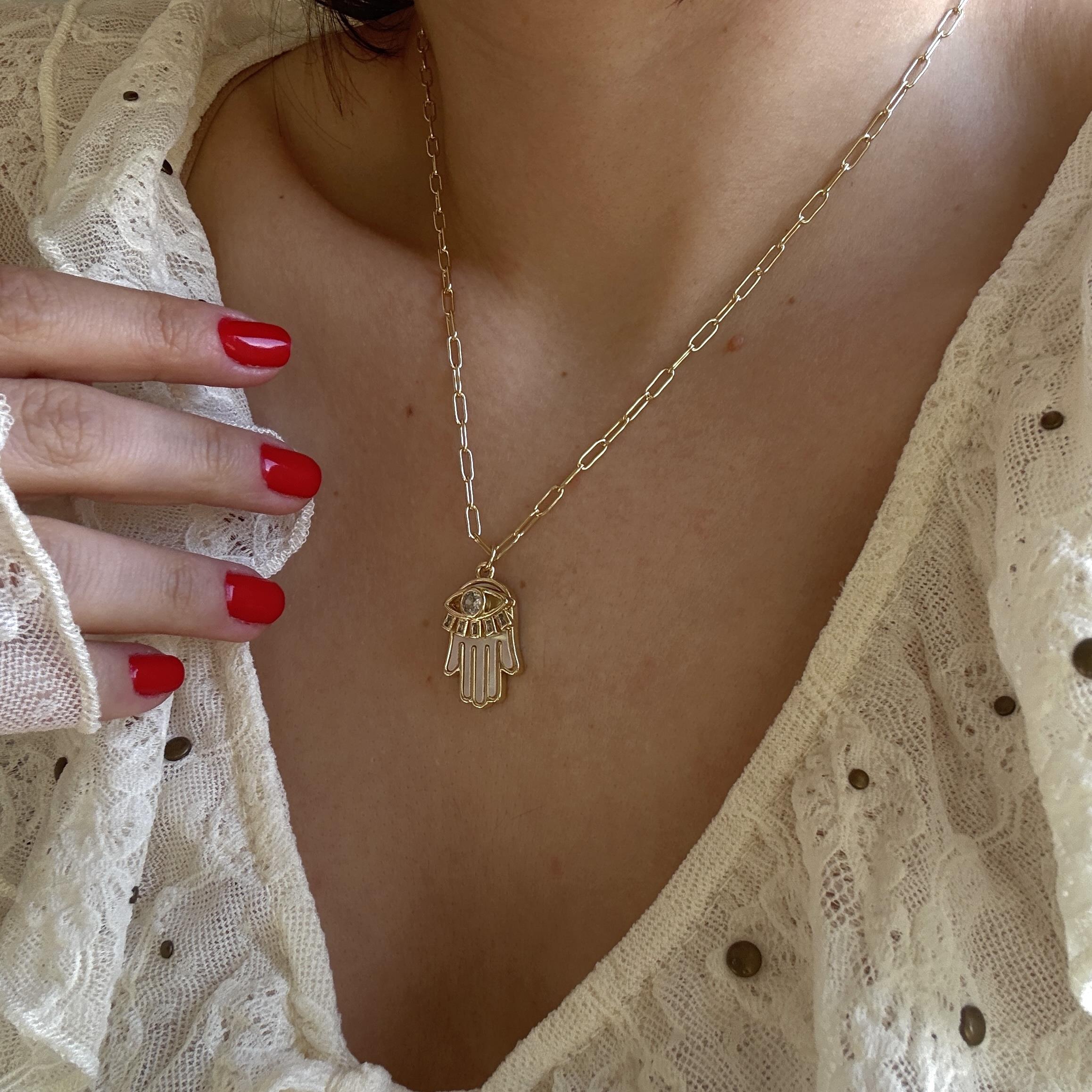 Çelik Sedefli Hamsa Kolye