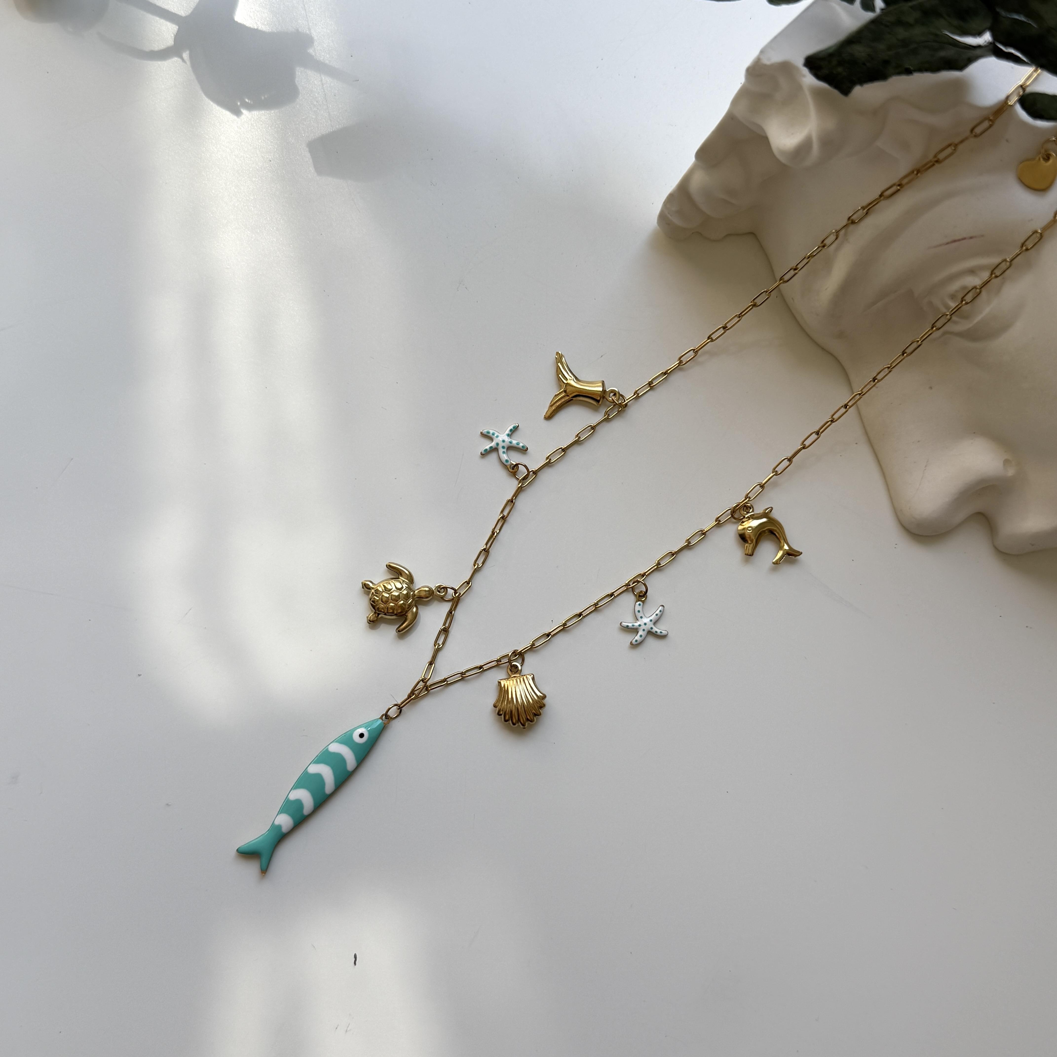 Çelik Turkuaz Balık Charmlı Kolye