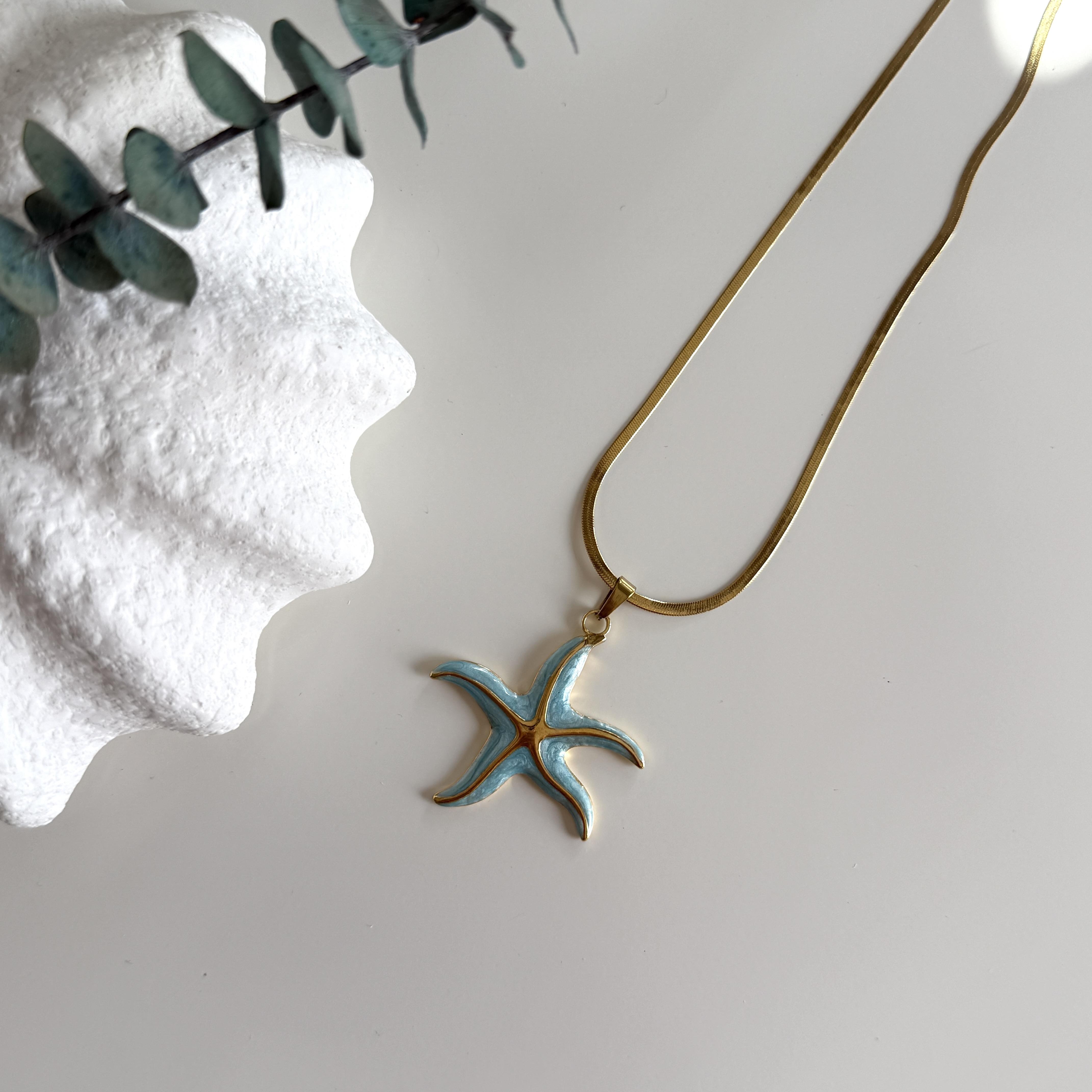 Çelik Turkuaz Mineli Deniz Yıldızı Kolye