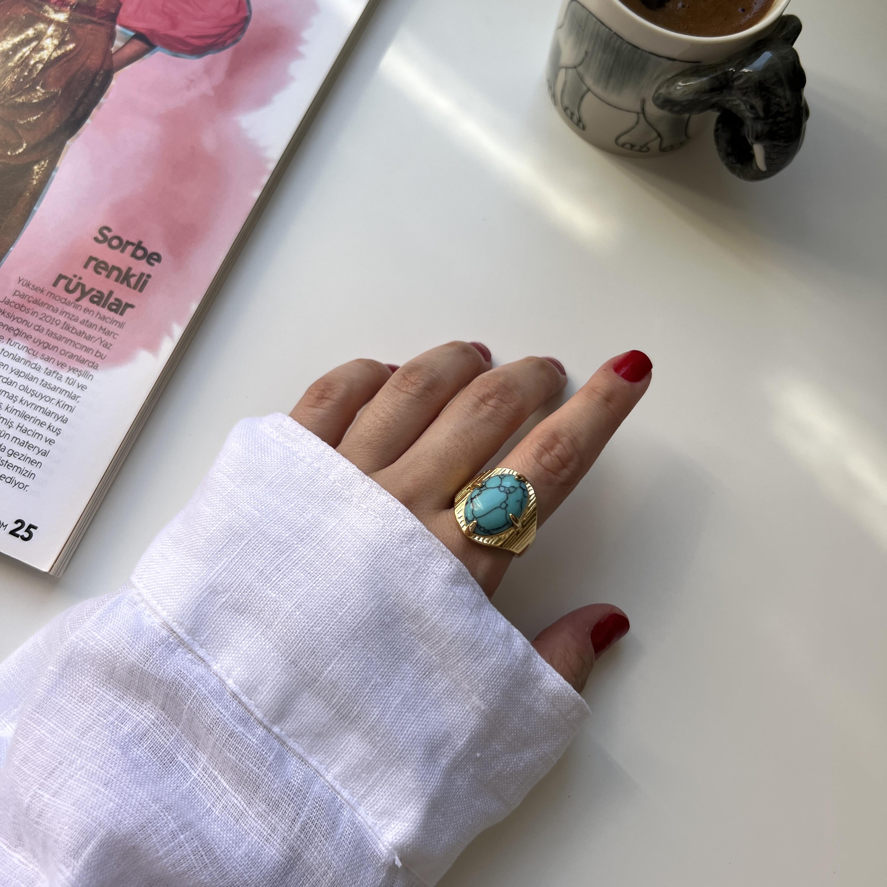 Çelik Vintage Oval Firuze Yüzük