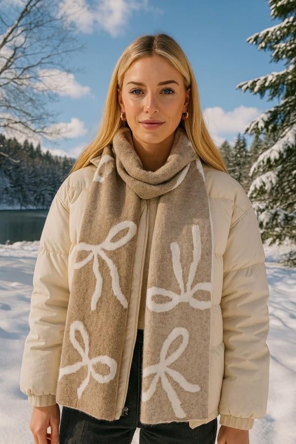 Fiyonk Desenli Ekru Çift Taraflı Atkı 30x200