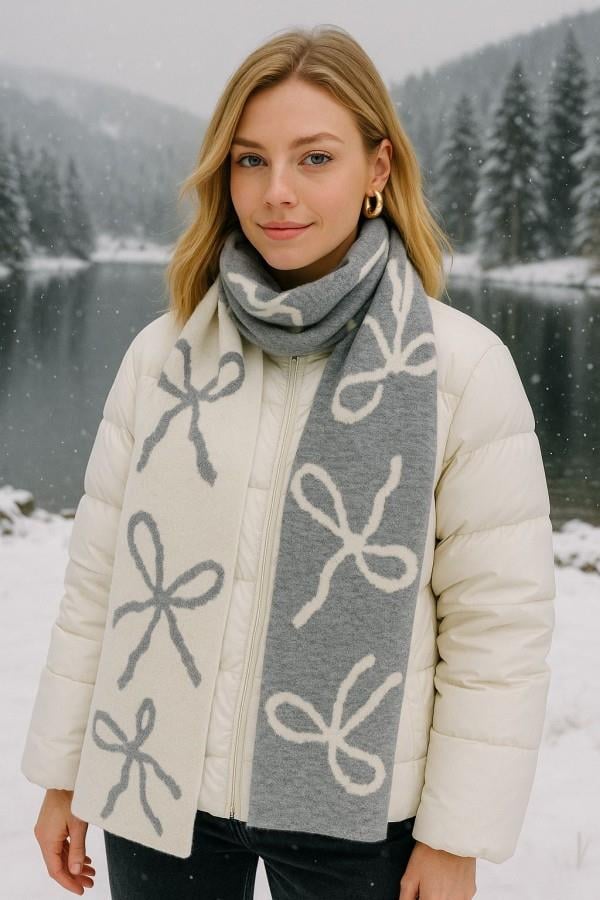 Fiyonk Desenli Gri Çift Taraflı Atkı 30x200