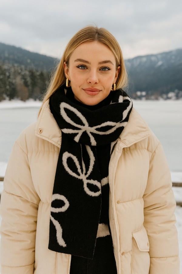 Fiyonk Desenli Siyah Çift Taraflı Atkı 30x200