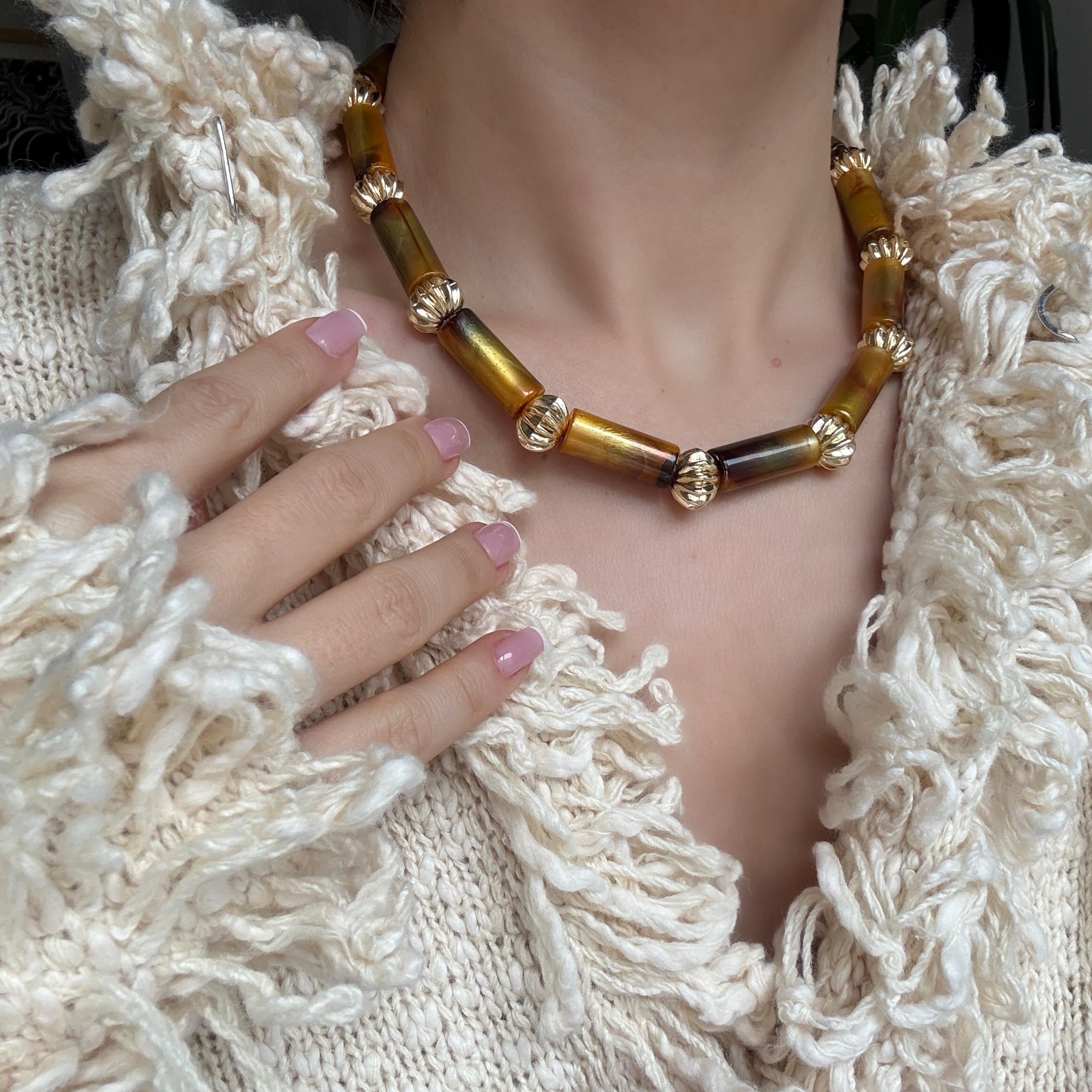 Gold Detay Kahve Boru Boncuk Kolye