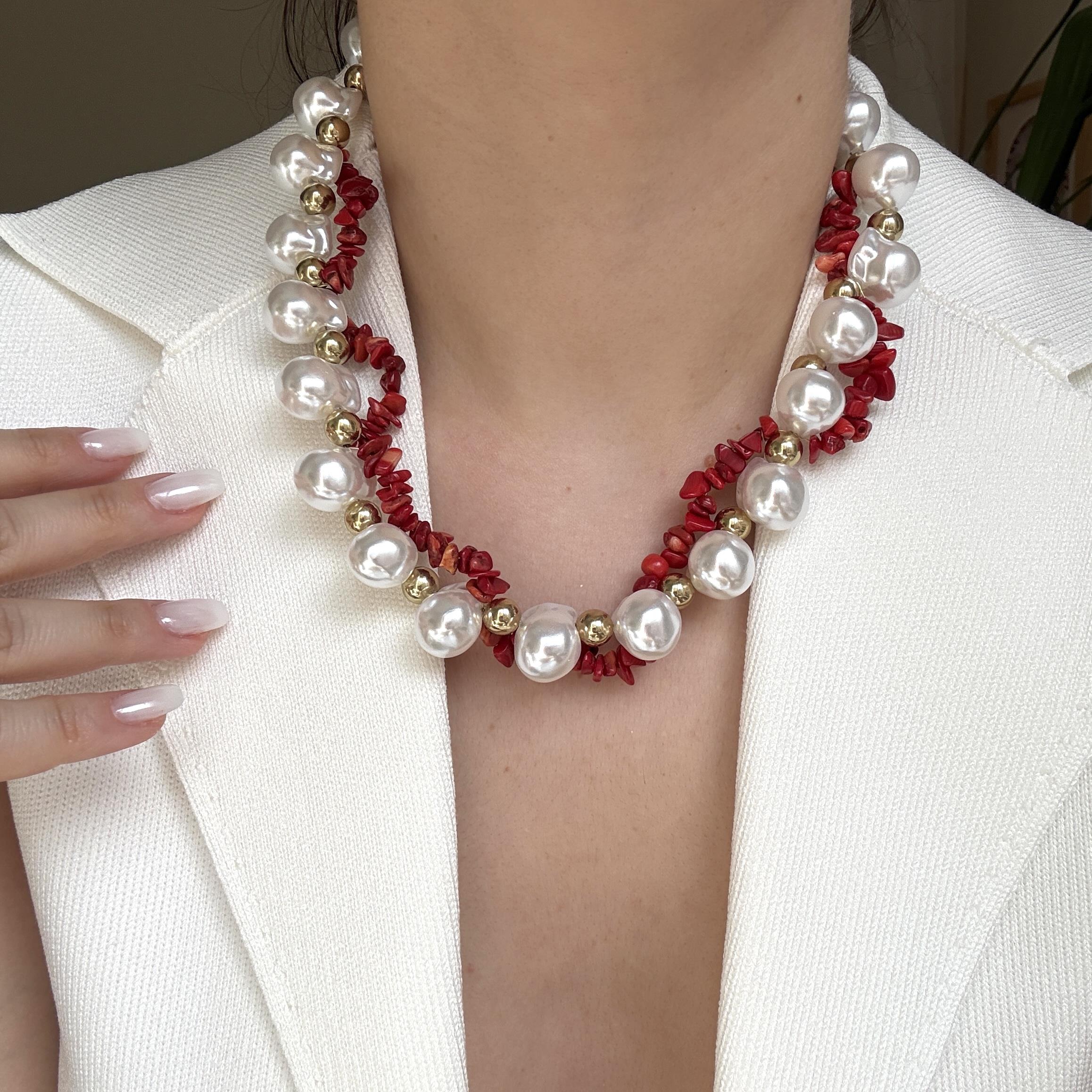 İncili Kırmızı Boncuklu Kolye