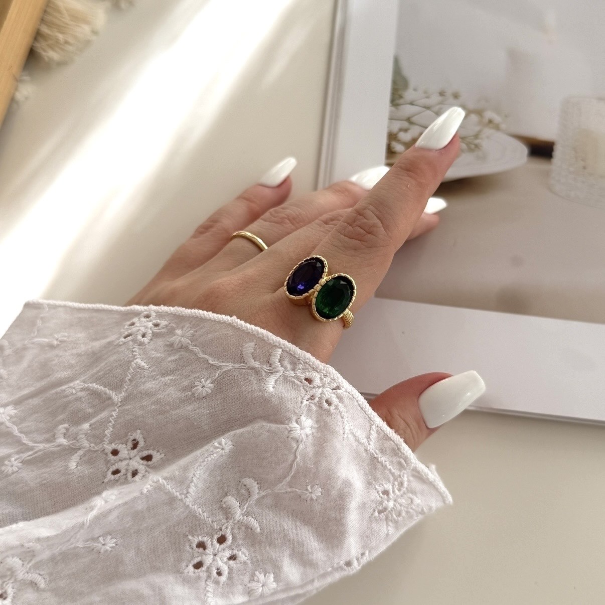 Mor&Lacivert Oval Taşlı Yüzük
