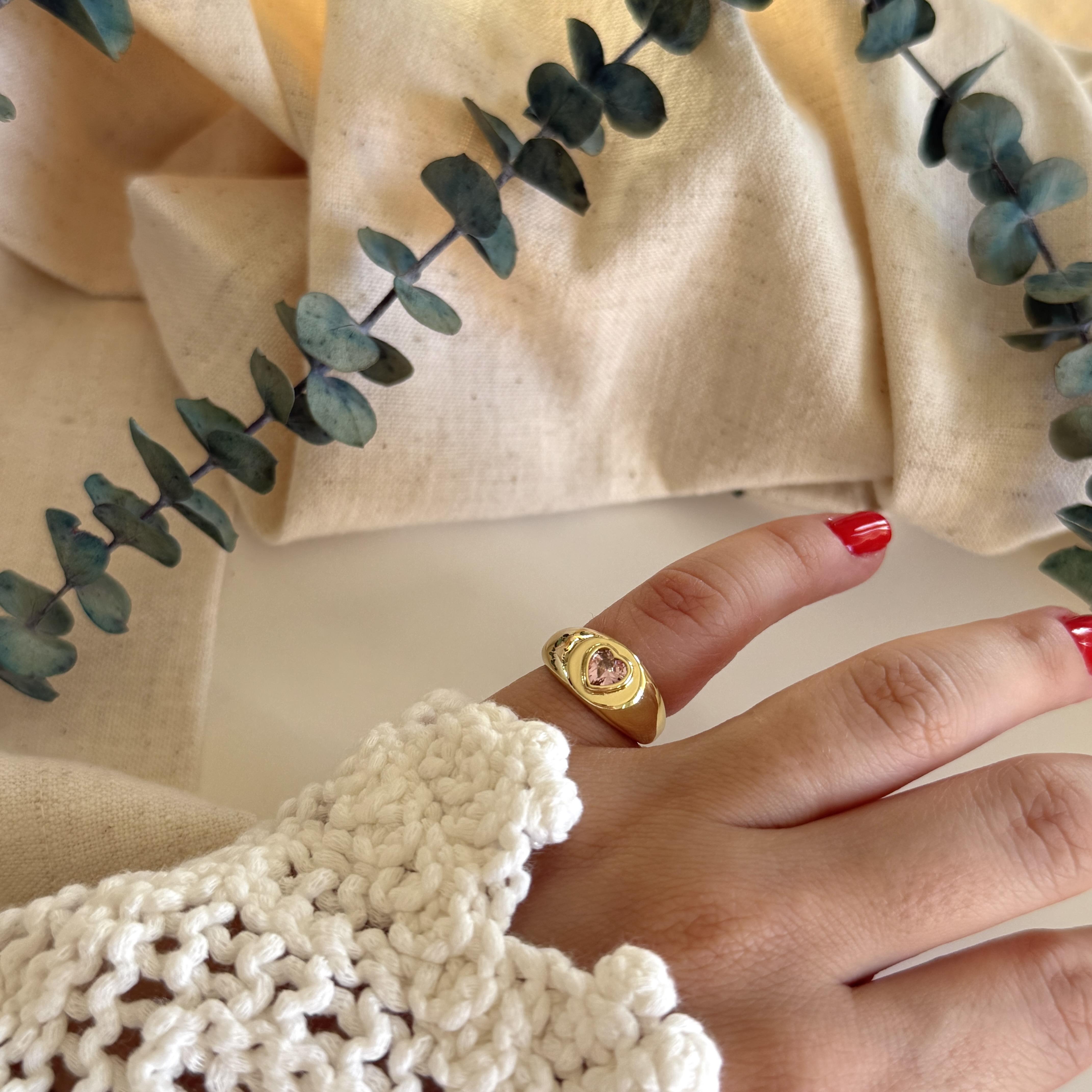 Pembe Kristal Kalp Serçe Yüzük