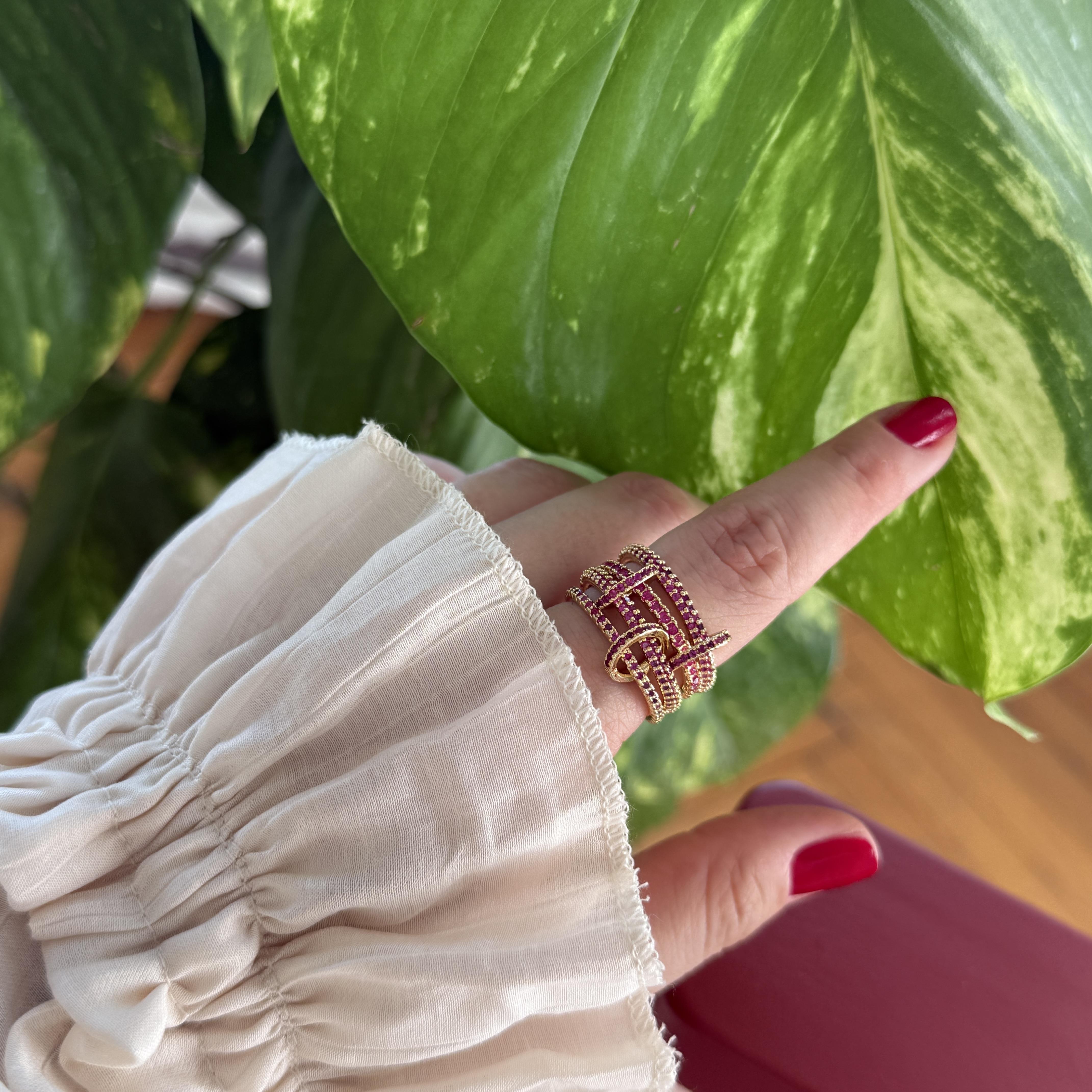 Pembe Taşlı Çoklu Yüzük