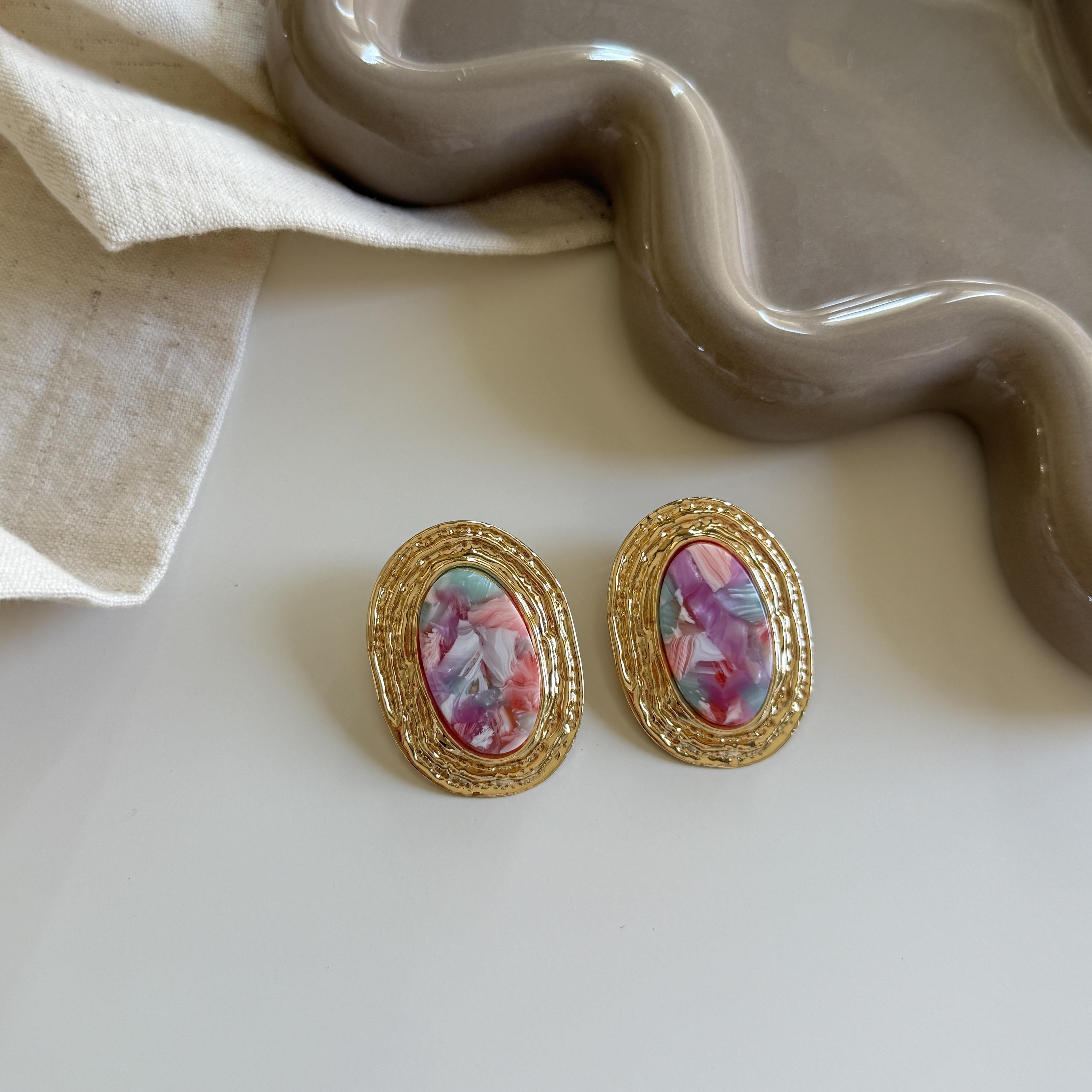 Pembe&Mavi Mermer Görünümlü Vintage Küpe