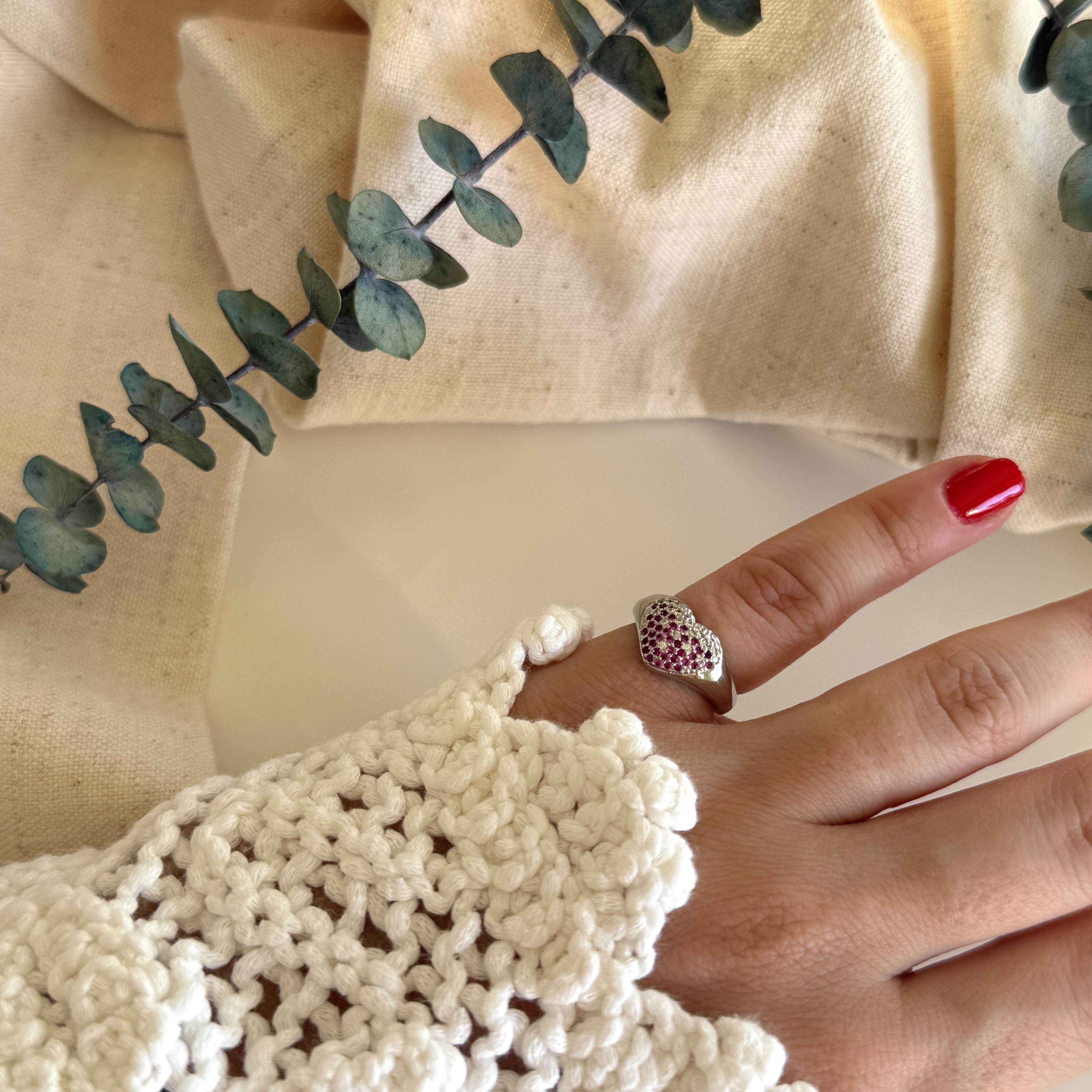 Silver Pembe Taşlı Kalp Serçe Yüzük