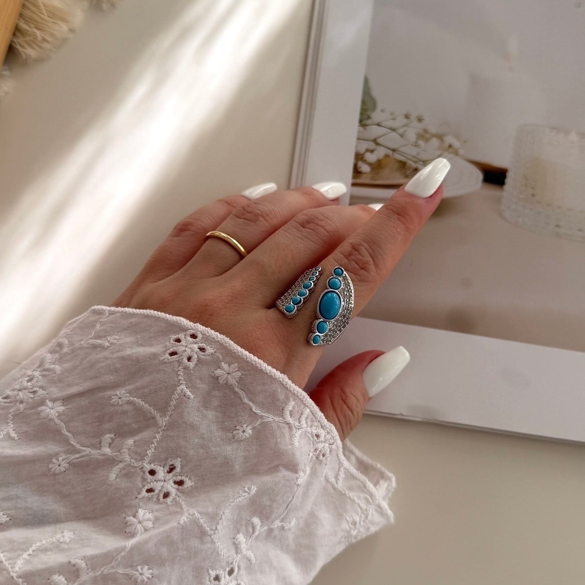 Silver Turkuaz Taşlı Tasarım Yüzük