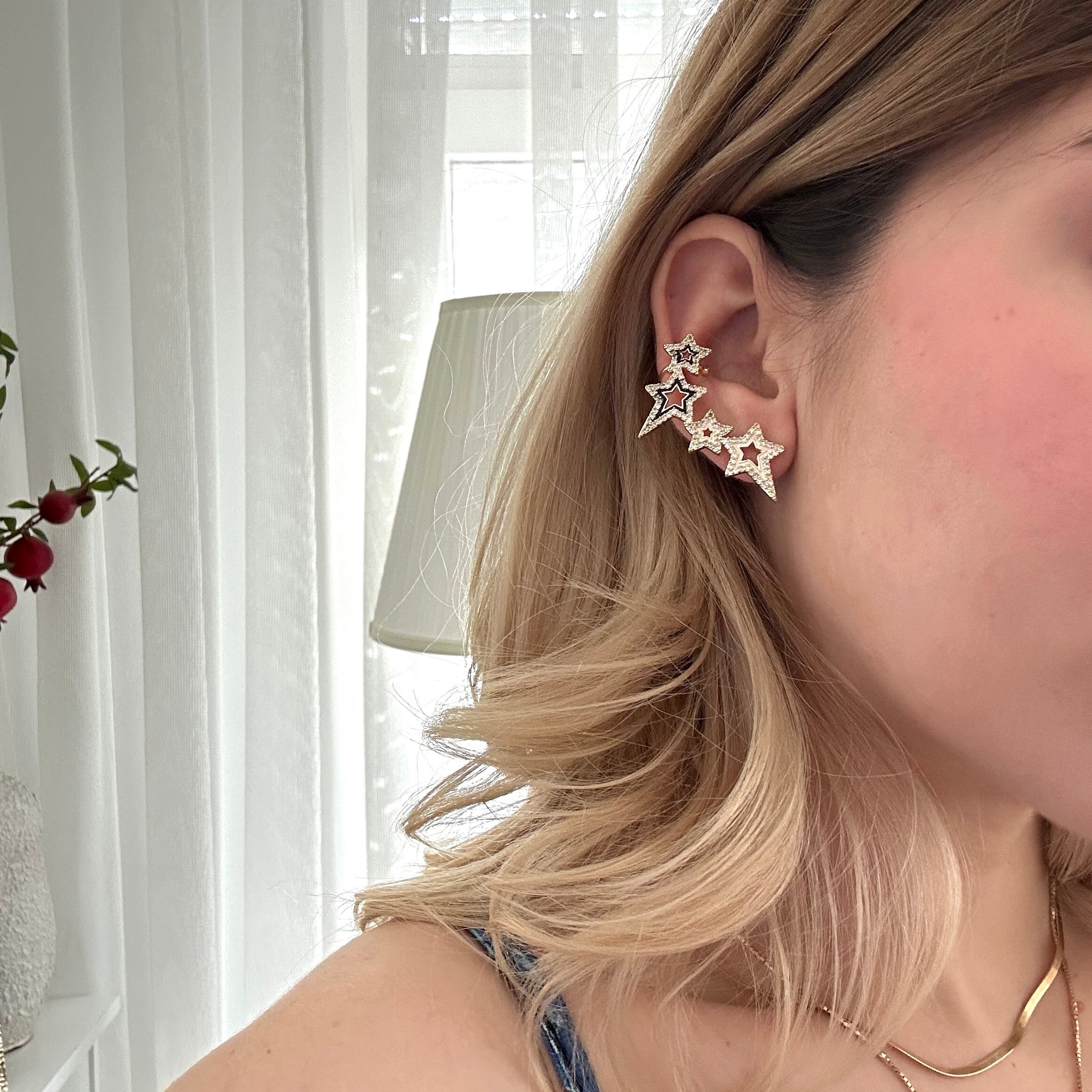 Sıralı Taşlı Yıldız Earcuff Küpe