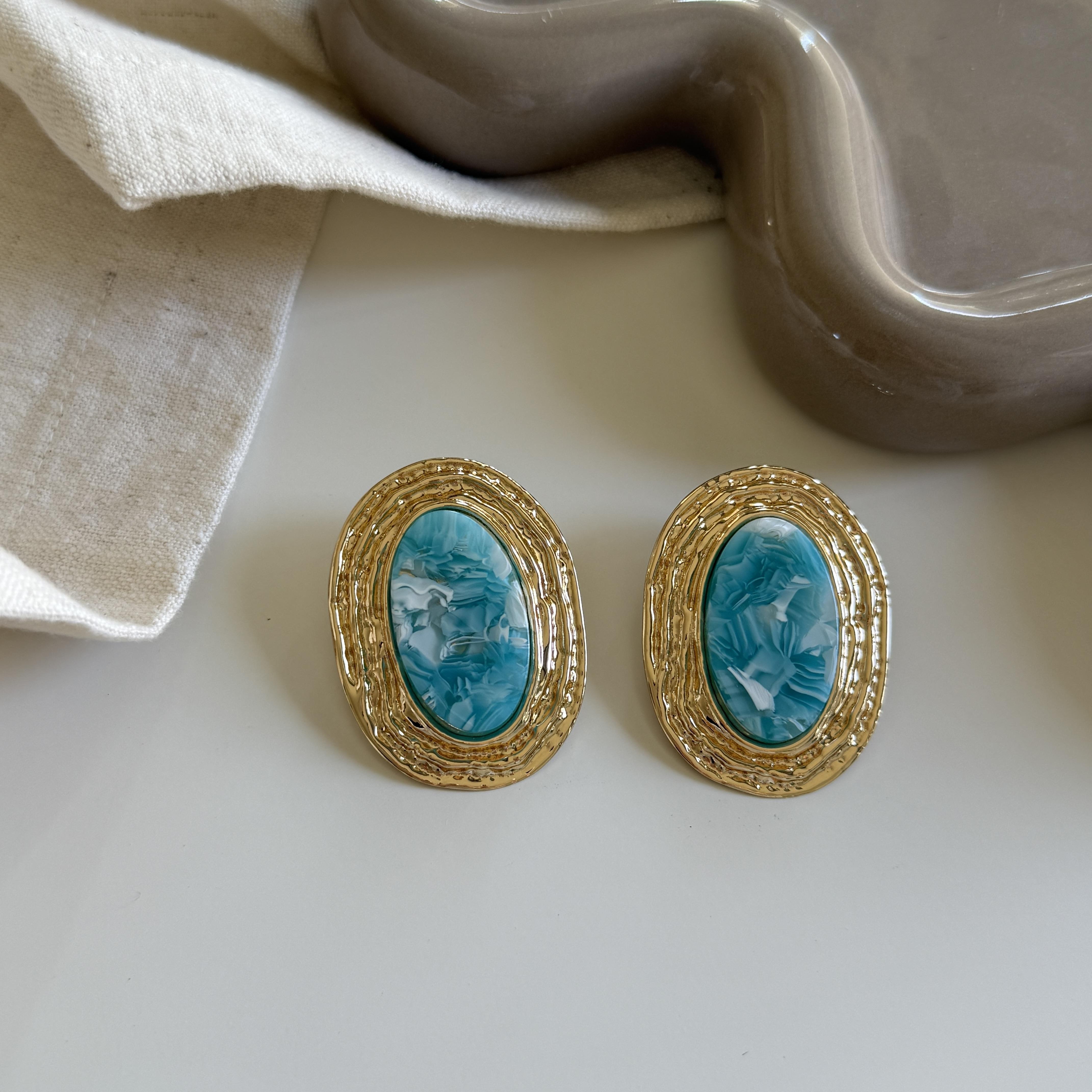 Turkuaz Mermer Görünümlü Vintage Küpe