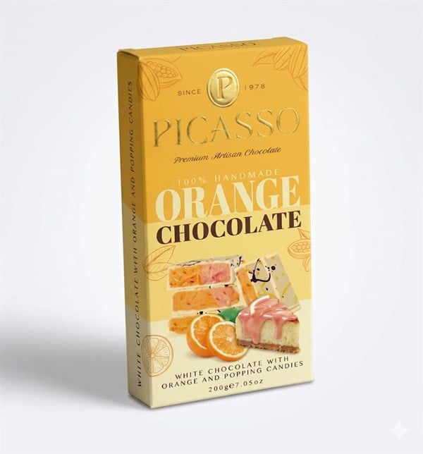 PİCASSO Premium Artisan Chocolate – Patlayan Şekerli & Portakallı Beyaz Çikolata 200 GR