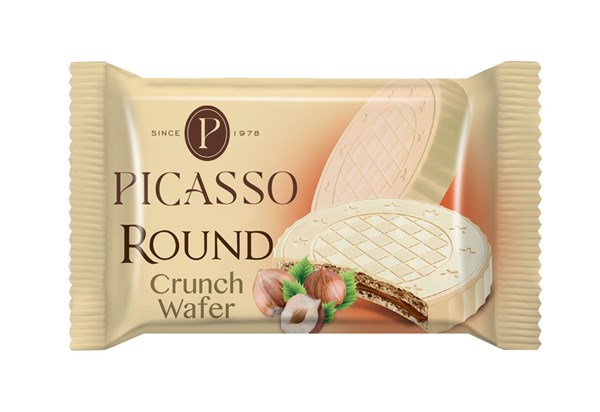 PİCASSO ROUND Picasso Yuvarlak Gofret – Beyaz Çikolata Kaplamalı ve Fındık Kremalı (120g)