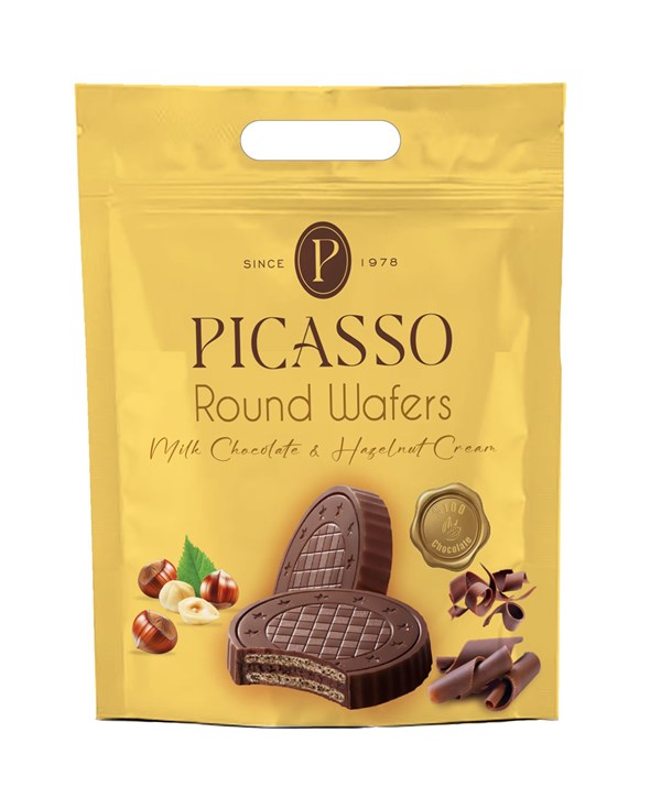PİCASSO ROUND Yuvarlak Gofret – Sütlü Çikolata Kaplamalı Aile Boyu Paket (360g)
