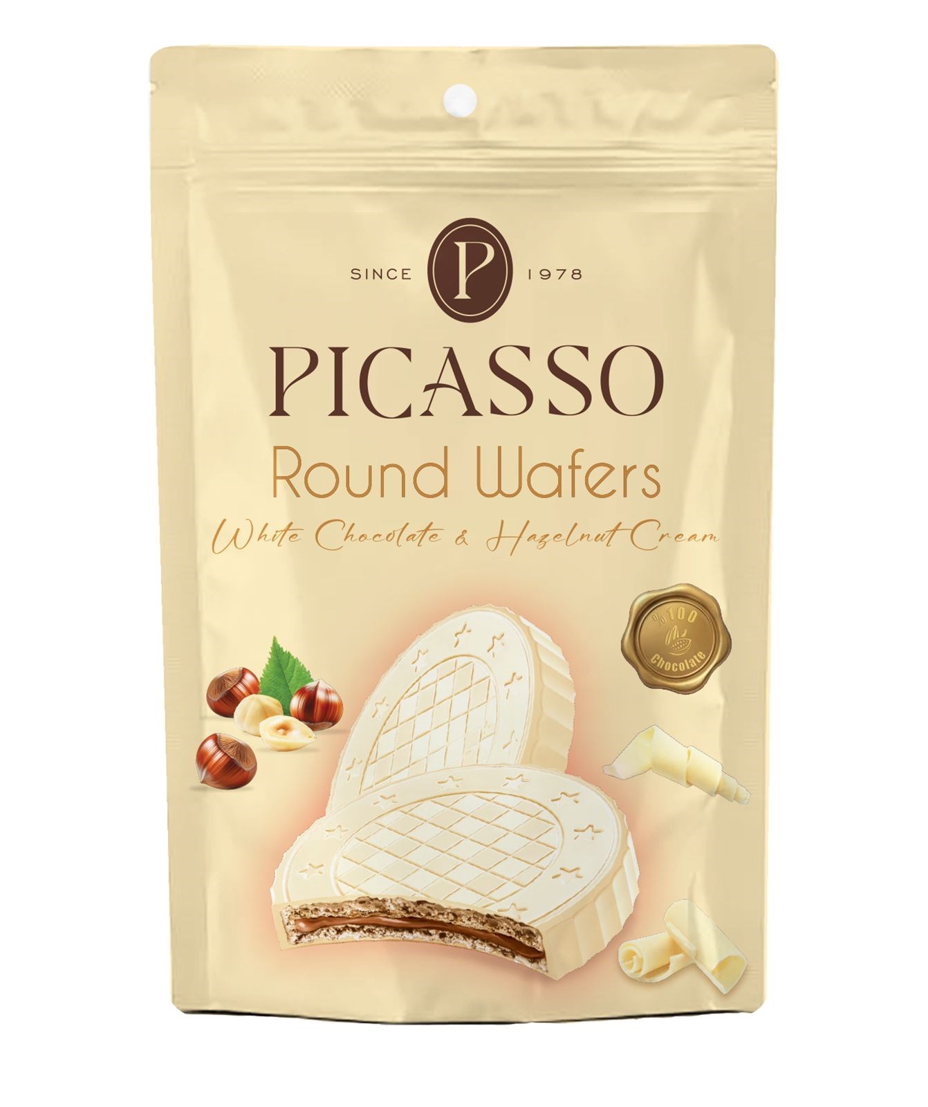 PİCASSO ROUND Picasso Yuvarlak Gofret – Beyaz Çikolata Kaplamalı ve Fındık Kremalı (120g)