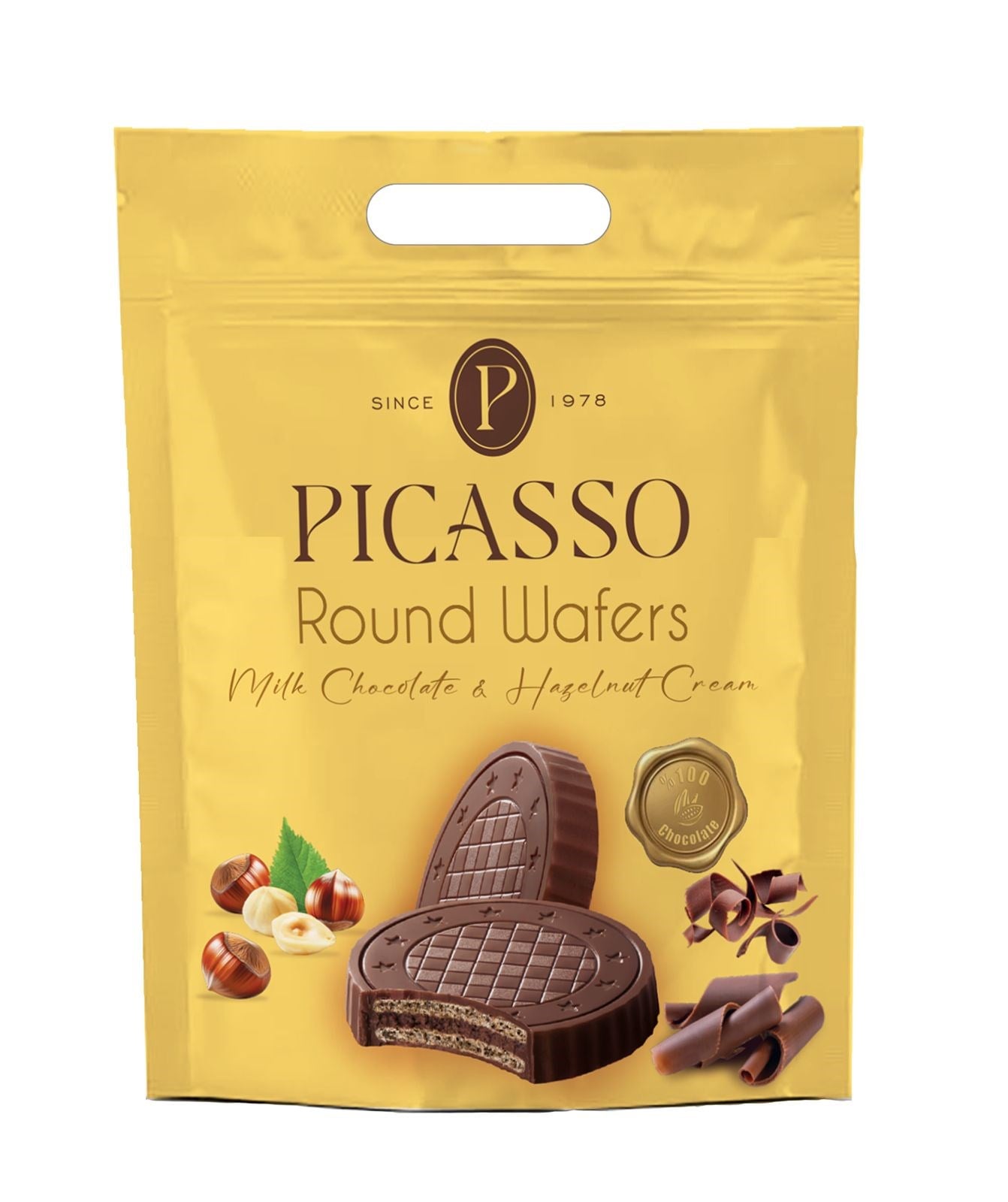 PİCASSO ROUND Yuvarlak Gofret – Sütlü Çikolata Kaplamalı Aile Boyu Paket (360g)