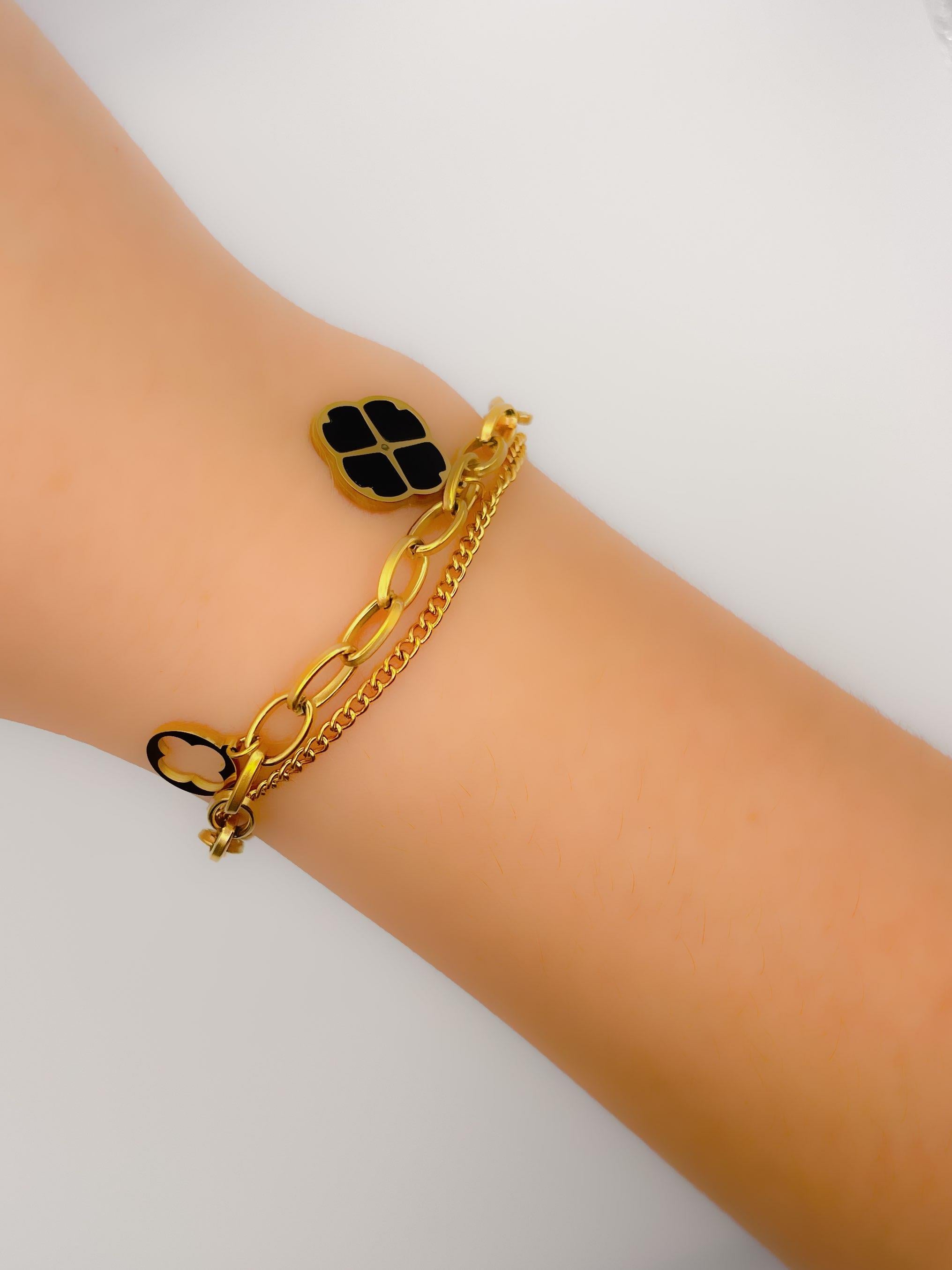 Çelik Bileklik Kombin Bileklik Yonca Bileklik İkili Bileklik - Gold