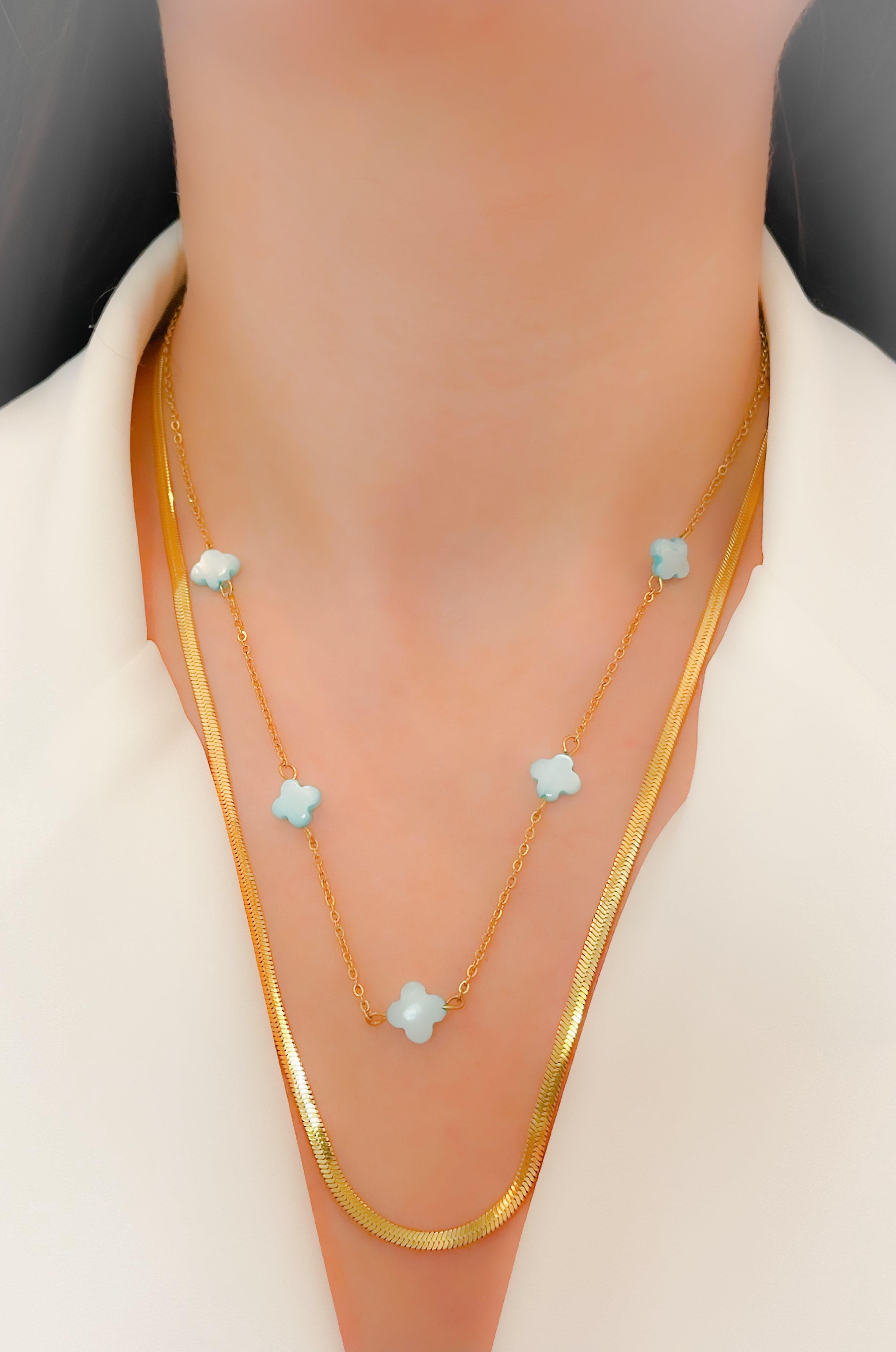 Çelik Kolye Çift Zincirli Renkli Yonca Kolye