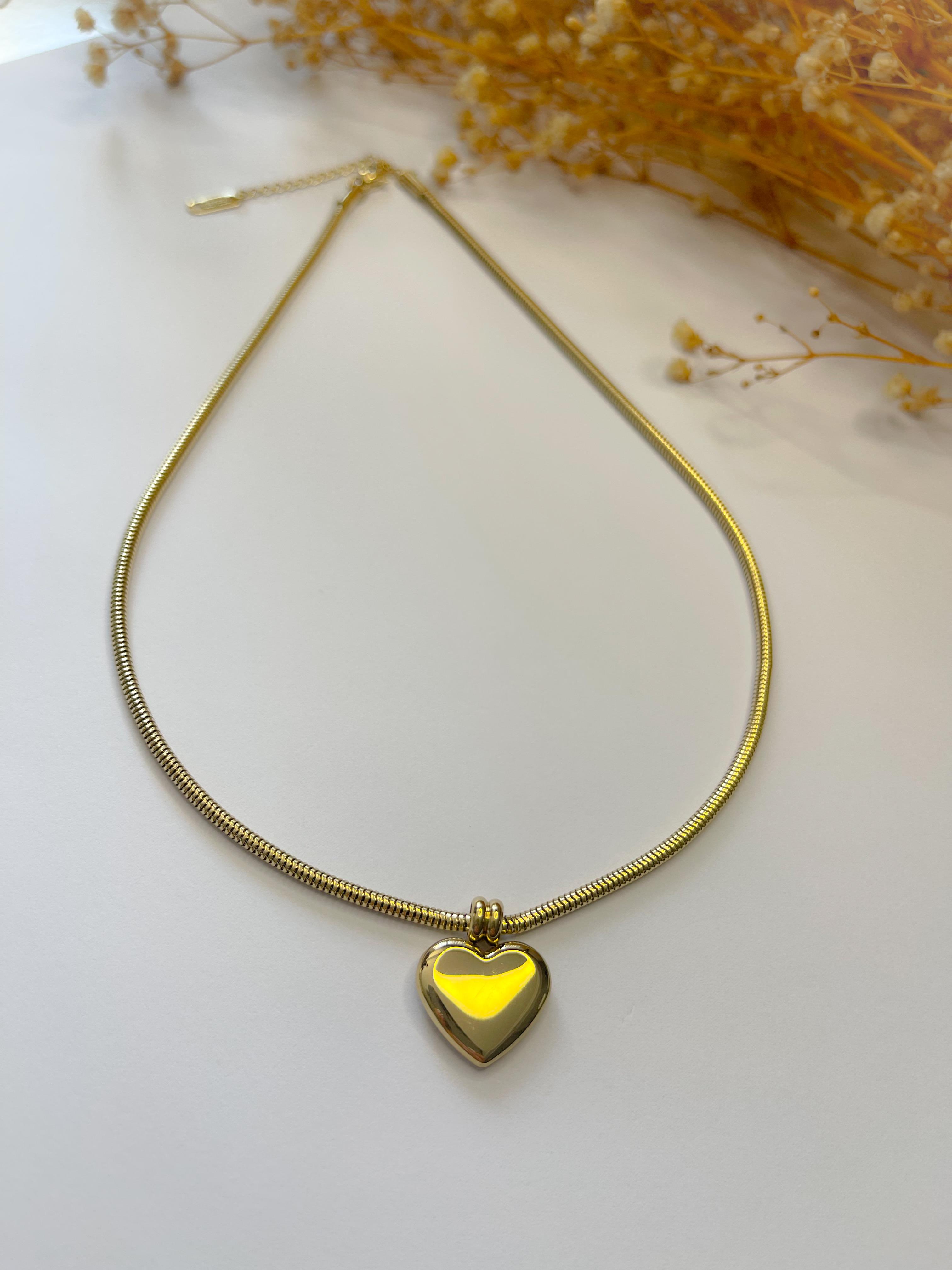 Çelik Kolye Kalp Uçlu Bombeli Zincir Gold