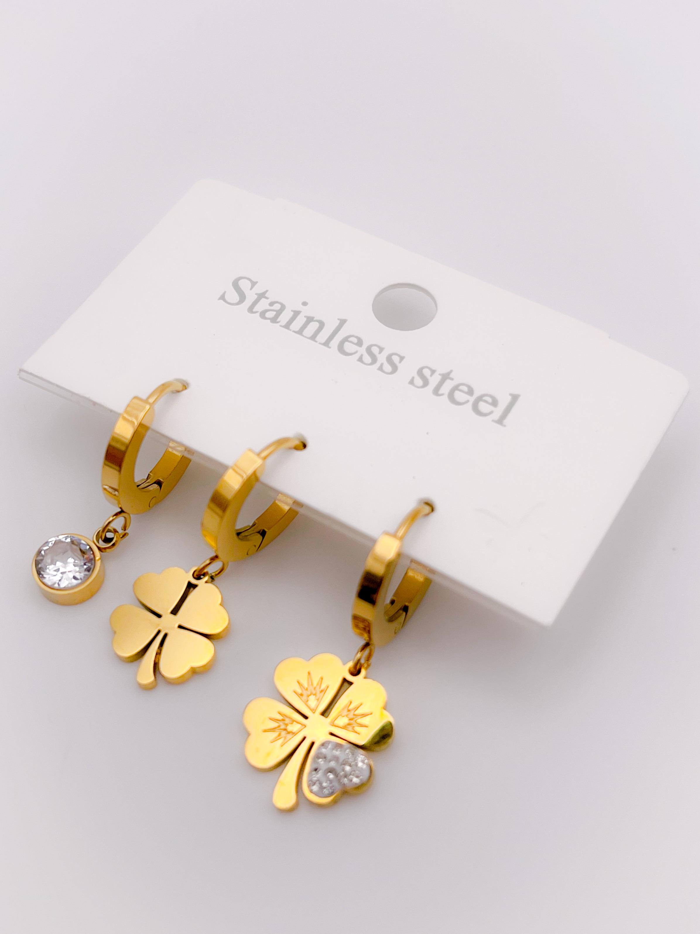 Çelik Küpe Üçlü (3lü) Küpe Sallantılı Yonca Küpe Renk Gold