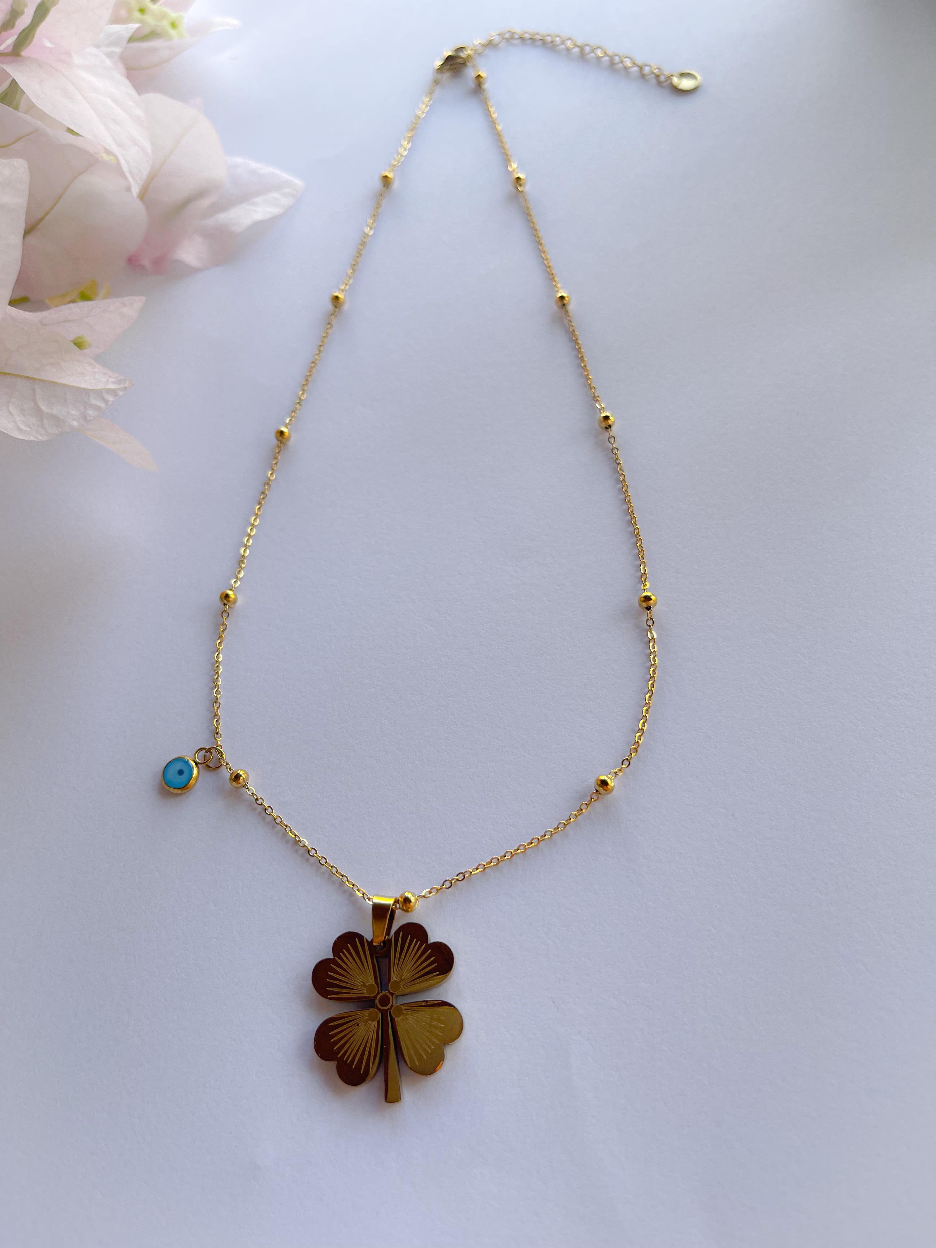 Çelik Kolye Nazar Boncuklu Yonca Kolye