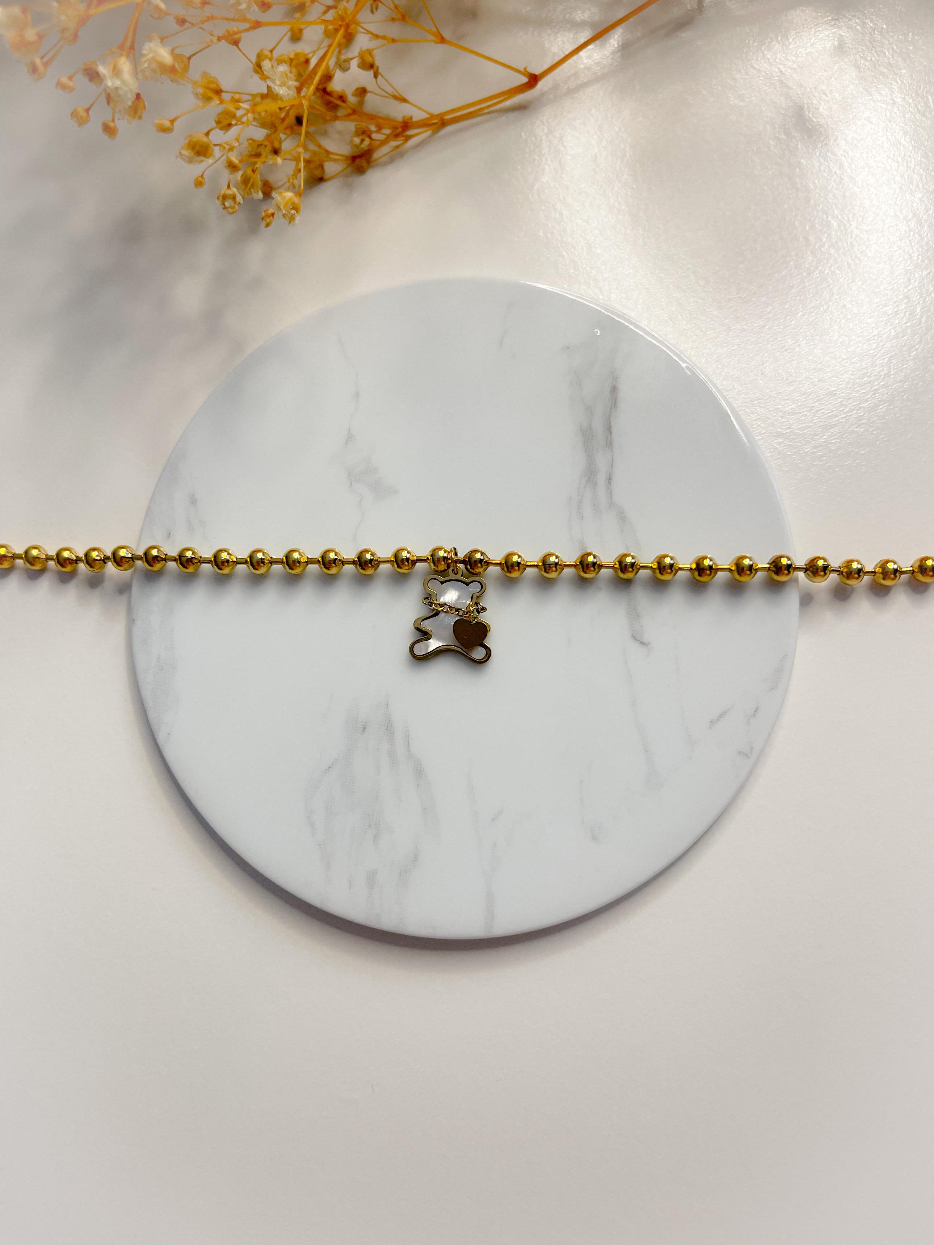 Çelik Sedefli Teddy Bear Bileklik Gold