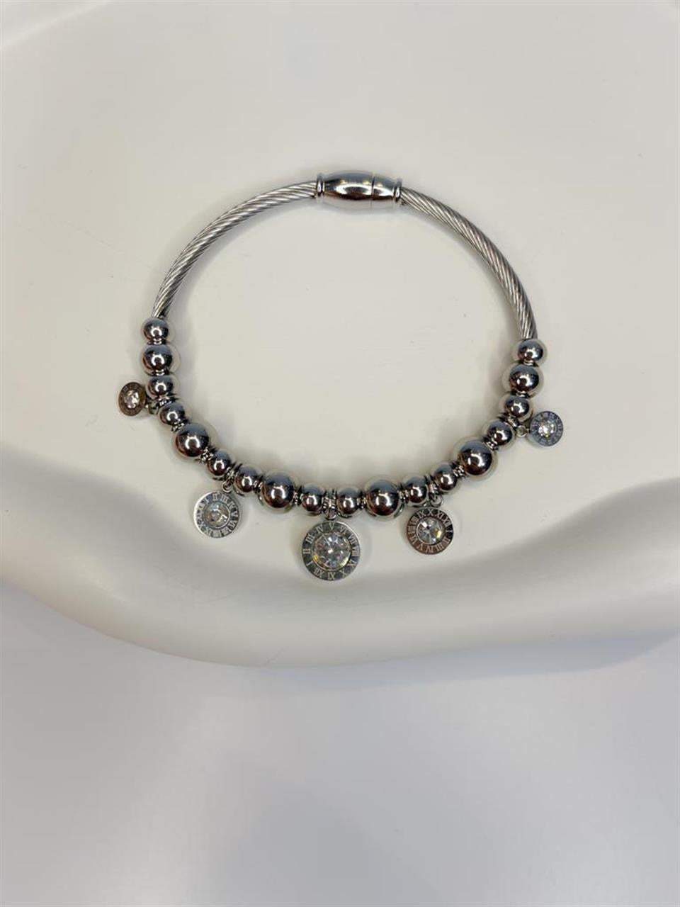 Çelik Taşlı Charm Bileklik-Gümüş
