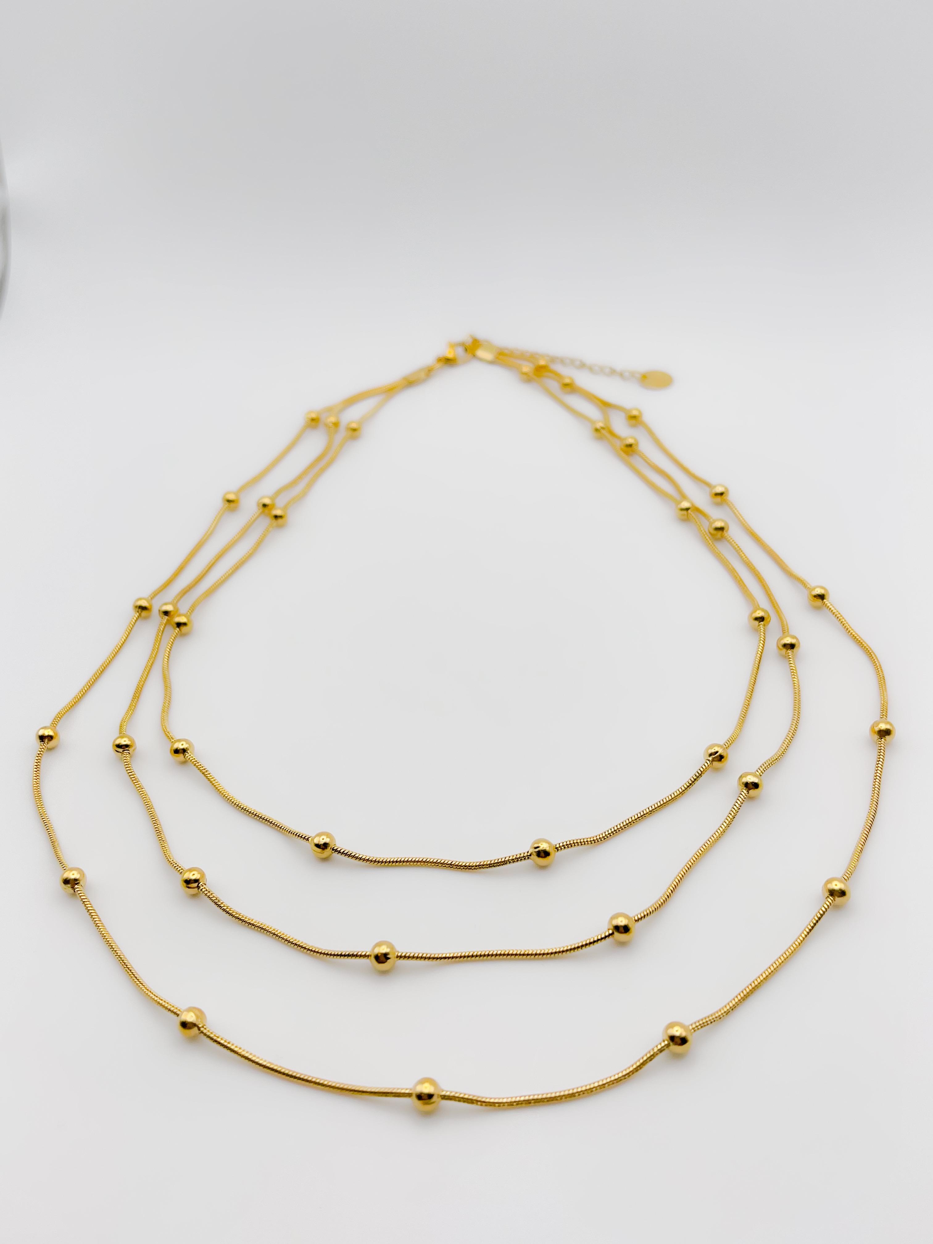 Çelik Üç Sıra Topçuk Kolye - Gold