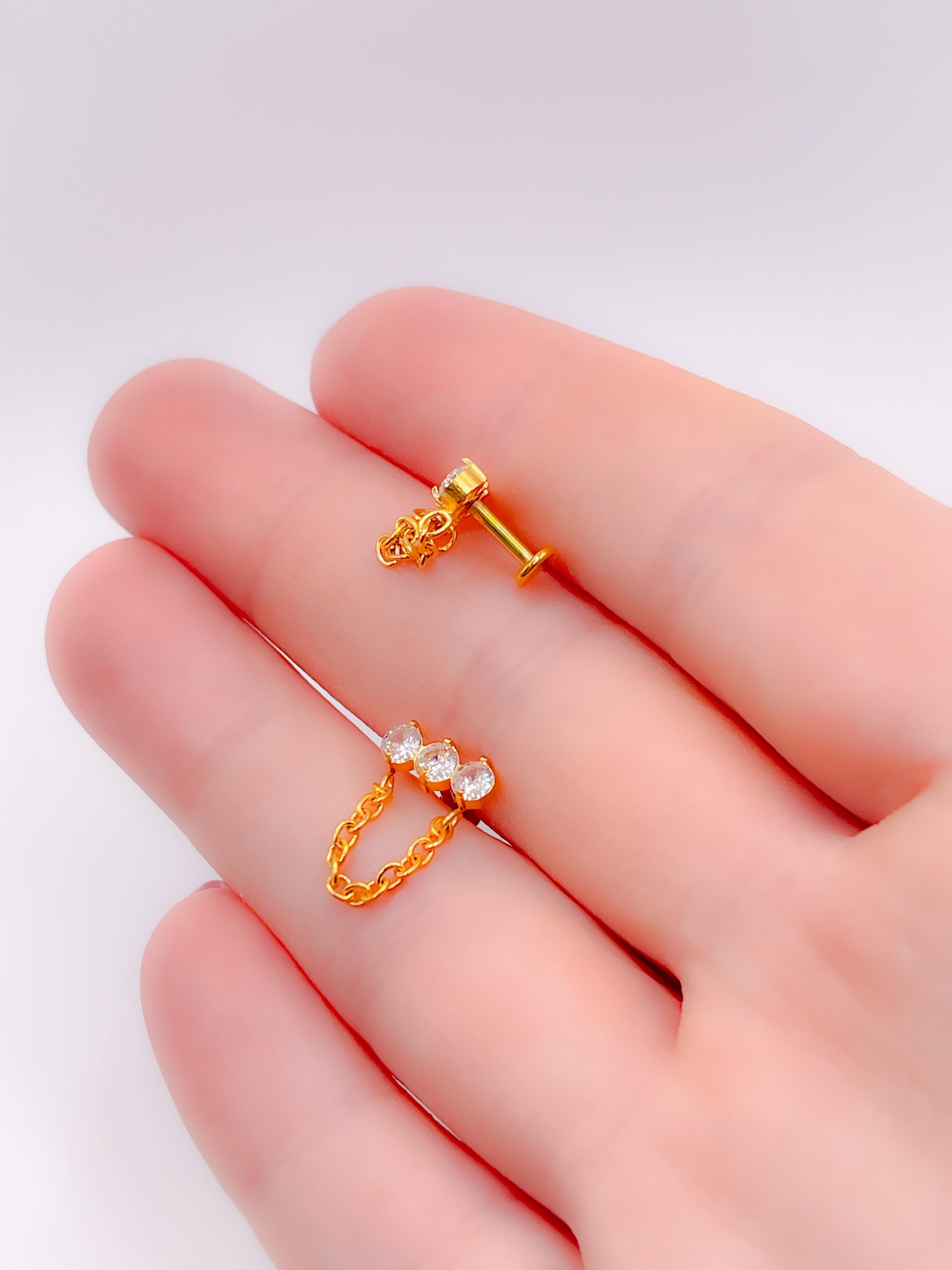 Cerrahi Çelik Piercing Zincirli Üç Taş Kıkırdak Helix Tragus Piercing (1adet)
